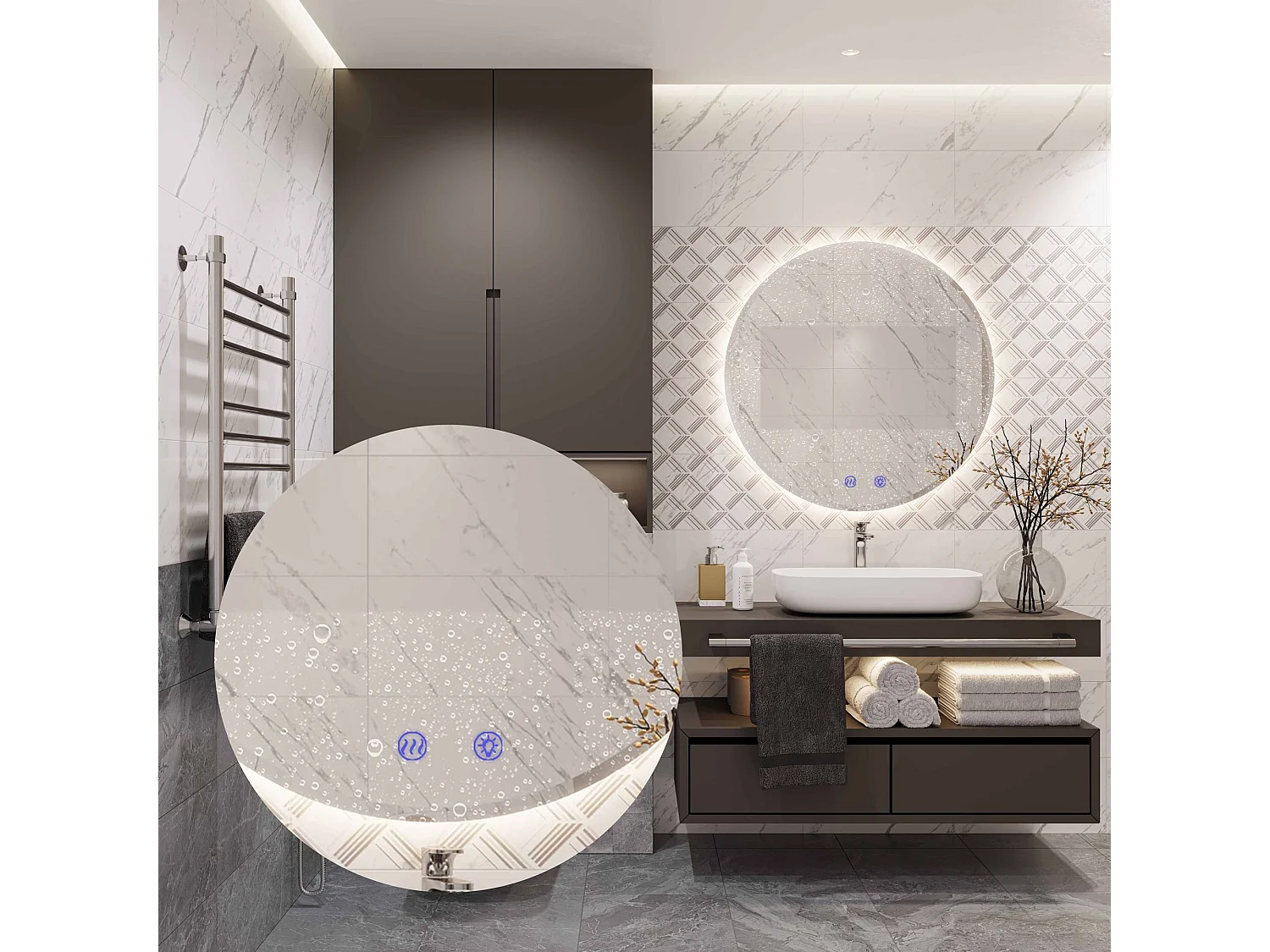 Espejo LED REA 80cm HZJ080 Cromado con Luz Ajustable y Función de Calefacción