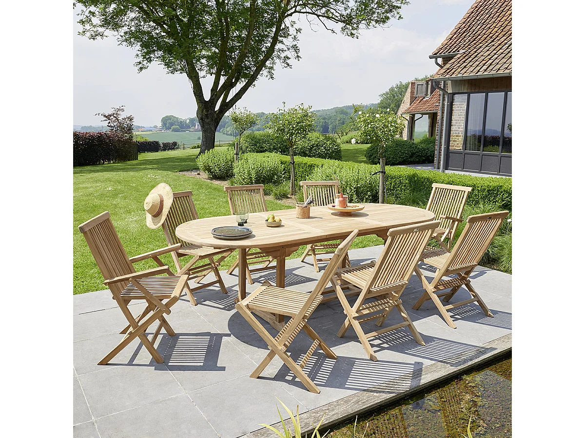 Set da esterno con tavolo allungabile in teak per 8/10 persone