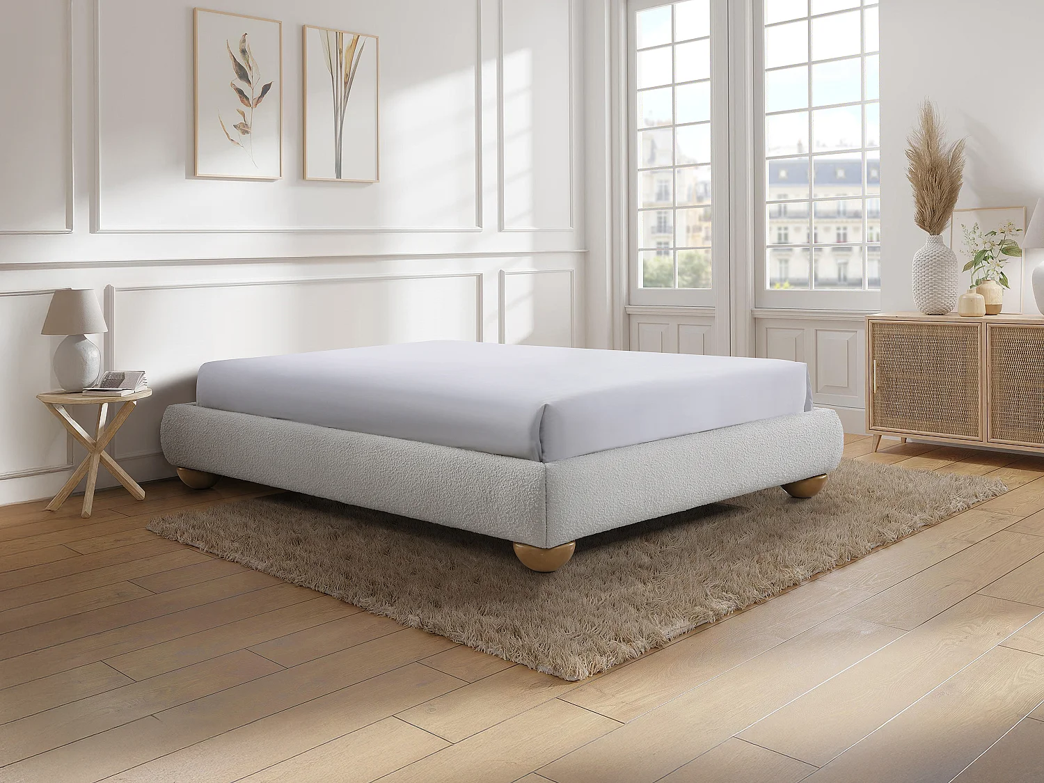 Sommier déco tapissier 160 x 200 cm tissu bouclette - Blanc - ELENAE de YSMÉE