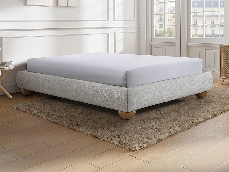 Sommier déco tapissier 160 x 200 cm tissu bouclette - Blanc - ELENAE de YSMÉE