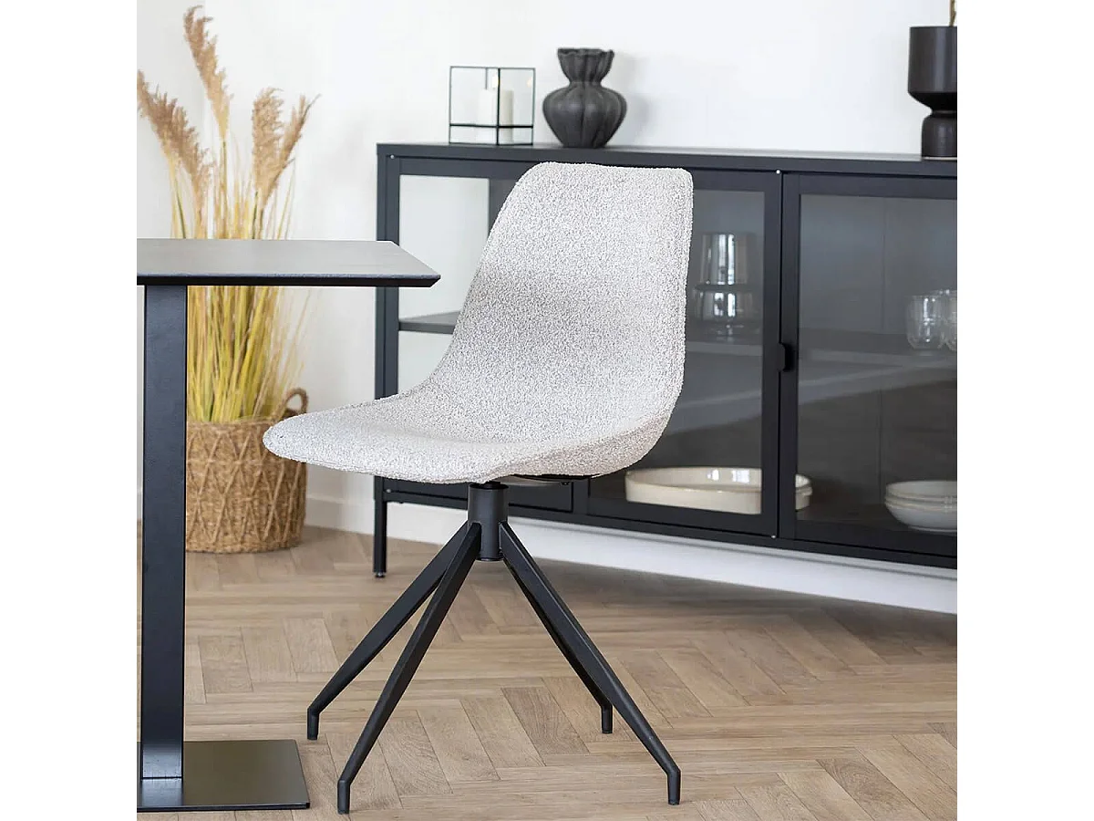 JACOB - Lot de 2 Chaises Tissu Bouclé Blanc Chiné Pied Pivotant Métal Noir