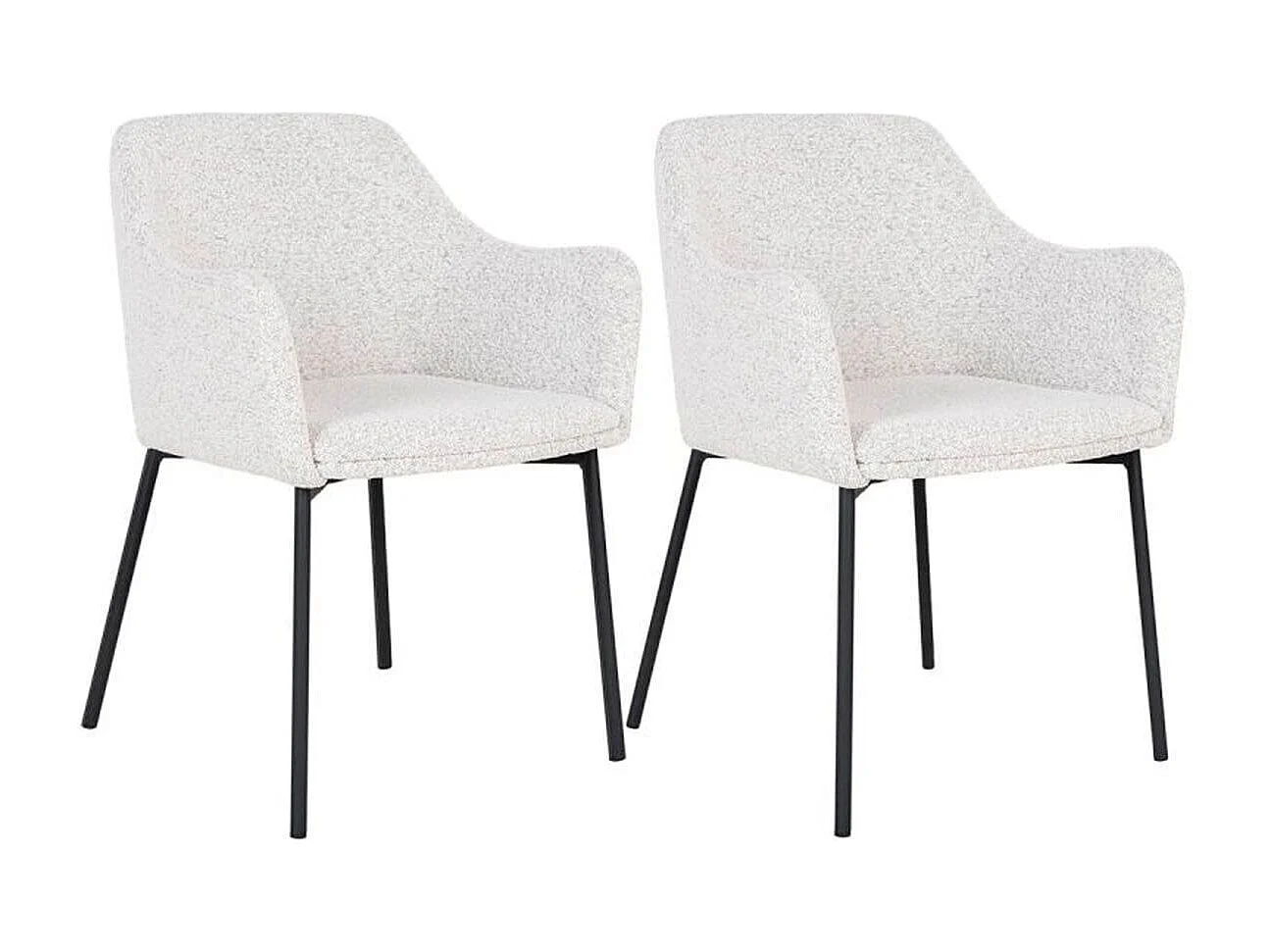 LOANA - Lot de 2 Fauteuils de Table Tissu Bouclé Blanc Chiné Pieds Métal Noir