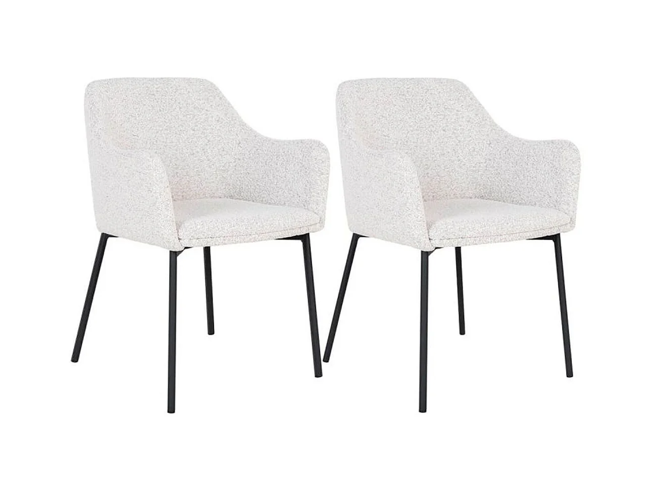 LOANA - Lot de 2 Fauteuils de Table Tissu Bouclé Blanc Chiné Pieds Métal Noir