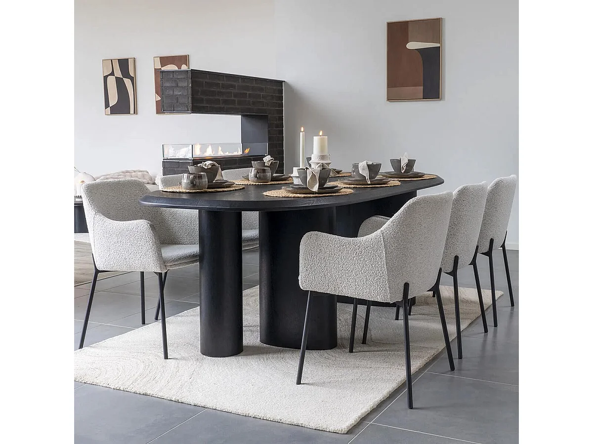 LOANA - Lot de 2 Fauteuils de Table Tissu Bouclé Blanc Chiné Pieds Métal Noir