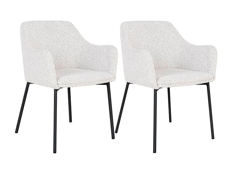 LOANA - Lot de 2 Fauteuils de Table Tissu Bouclé Blanc Chiné Pieds Métal Noir