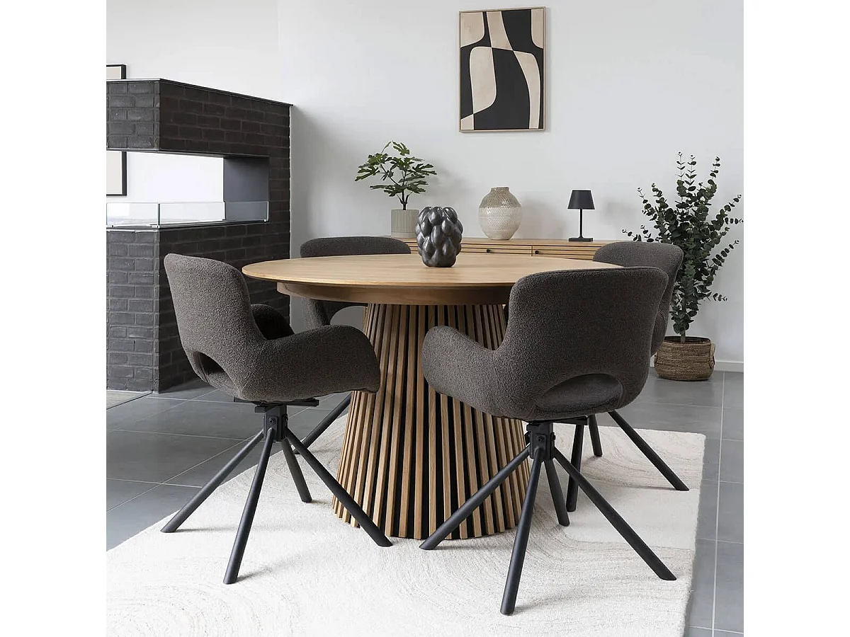 HERMOS - Lot de 2 Fauteuils de Table Tissu Bouclé Taupe Pied Pivotant Métal Noir