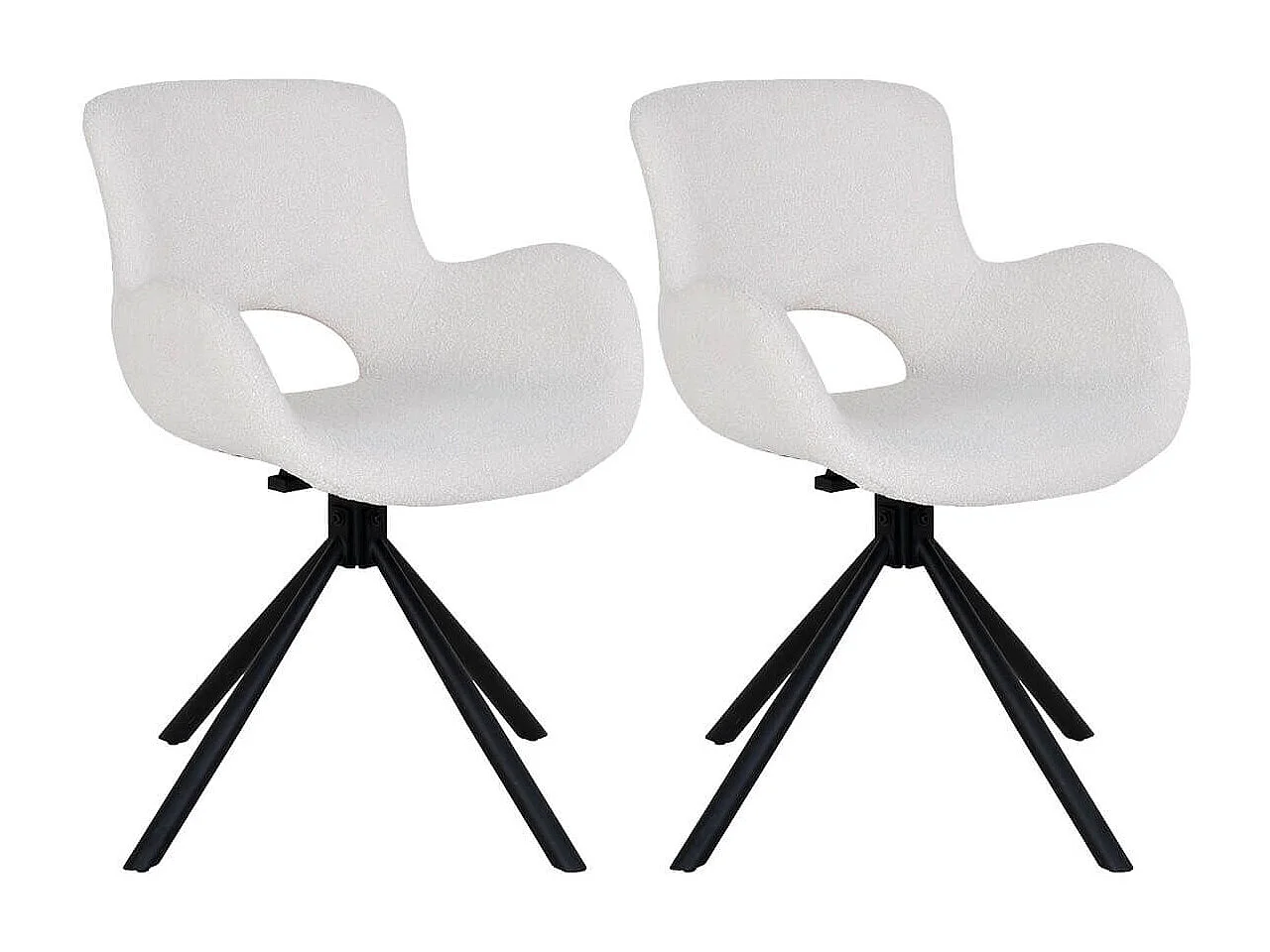 HERMOS - Lot de 2 Fauteuils de Table Tissu Bouclé Blanc Pied Pivotant Métal Noir