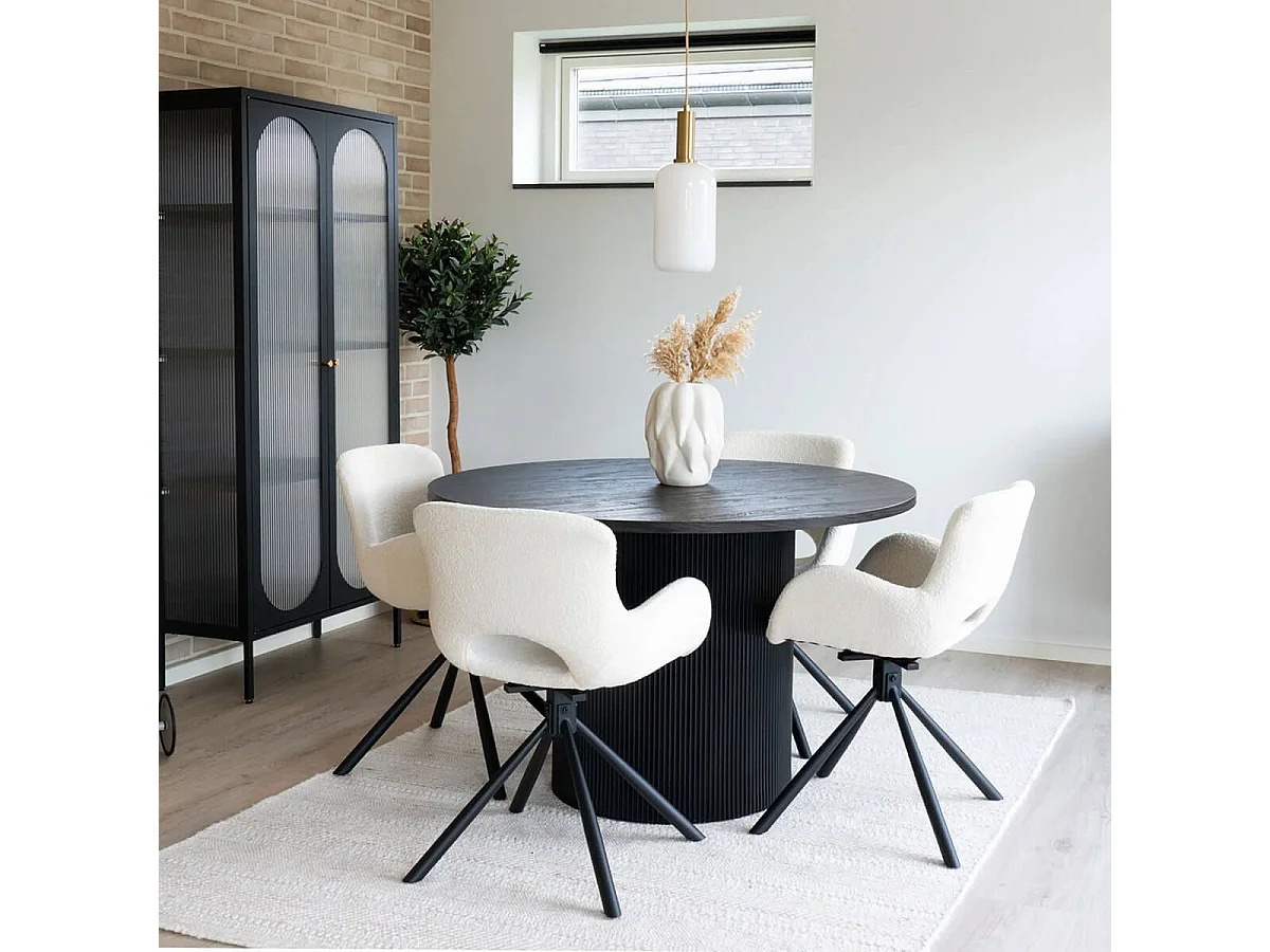 HERMOS - Lot de 2 Fauteuils de Table Tissu Bouclé Blanc Pied Pivotant Métal Noir