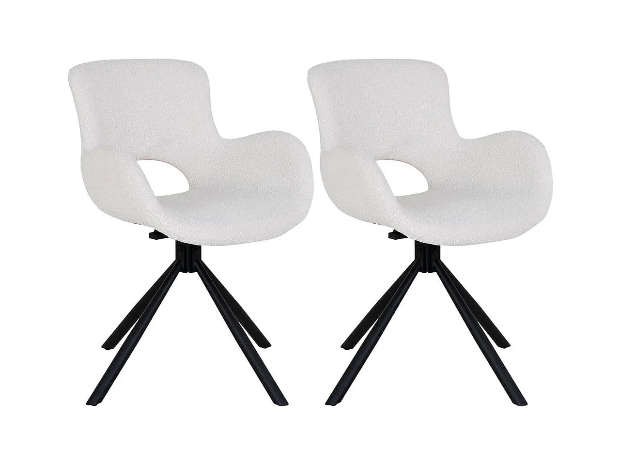 HERMOS - Lot de 2 Fauteuils de Table Tissu Bouclé Blanc Pied Pivotant Métal Noir