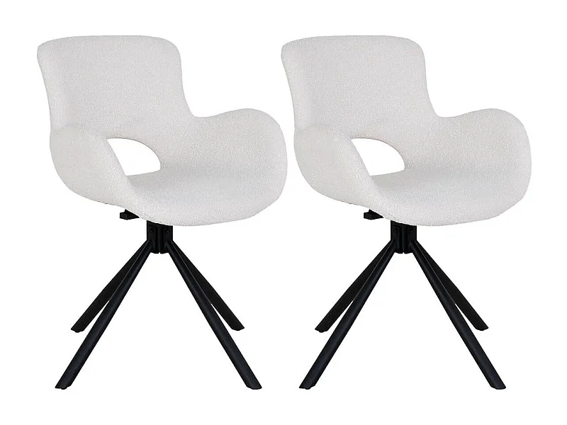 HERMOS - Lot de 2 Fauteuils de Table Tissu Bouclé Blanc Pied Pivotant Métal Noir