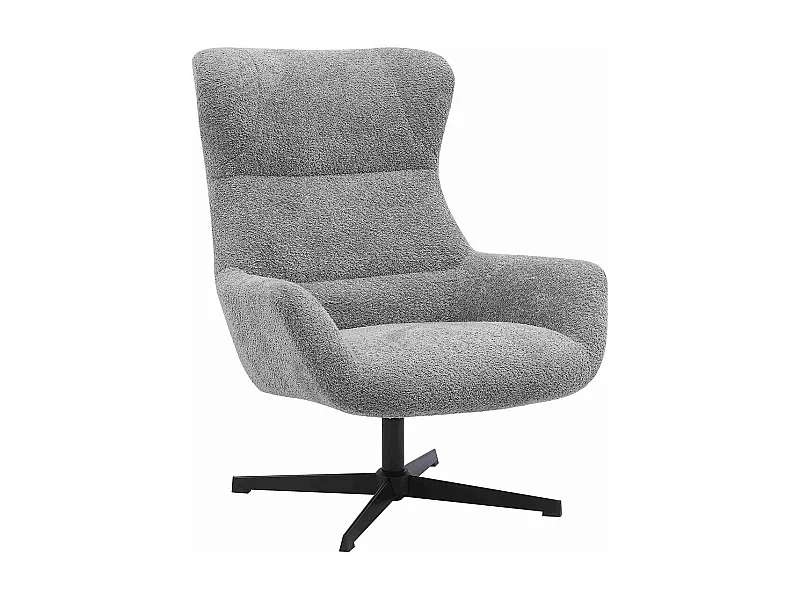 BORIS - Fauteuil Tissu Peluche Gris Pied Pivotant Métal Noir