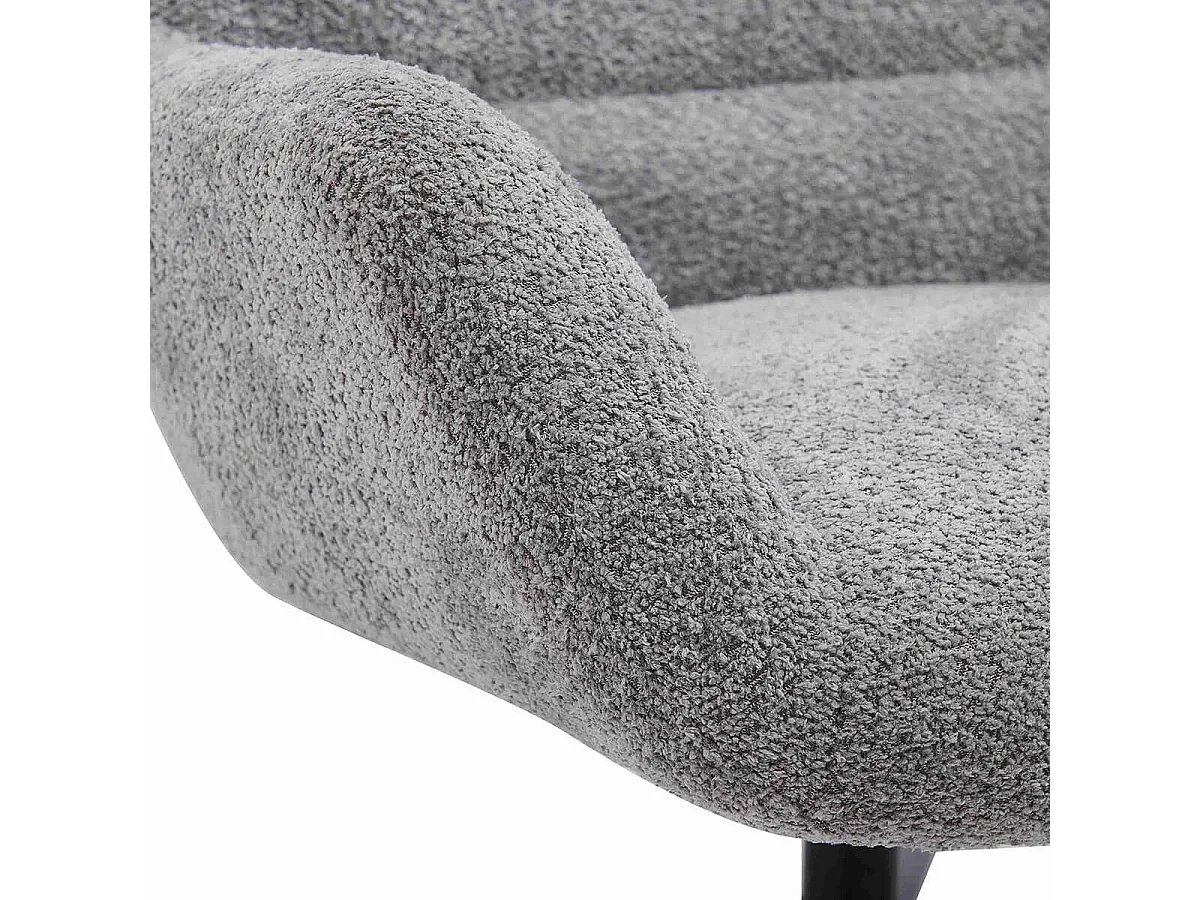 BORIS - Fauteuil Tissu Peluche Gris Pied Pivotant Métal Noir