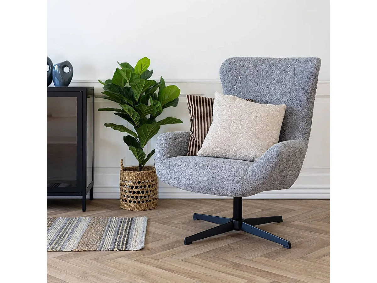 BORIS - Fauteuil Tissu Peluche Gris Pied Pivotant Métal Noir