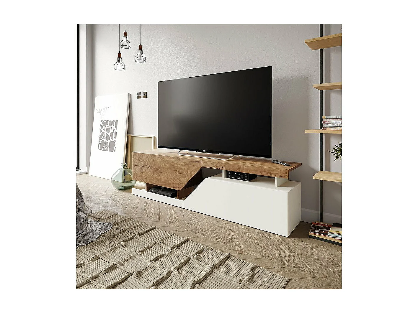 Meuble TV "Ceelias" - 160 x 46 x 35 cm - Blanc/Marron Foncé