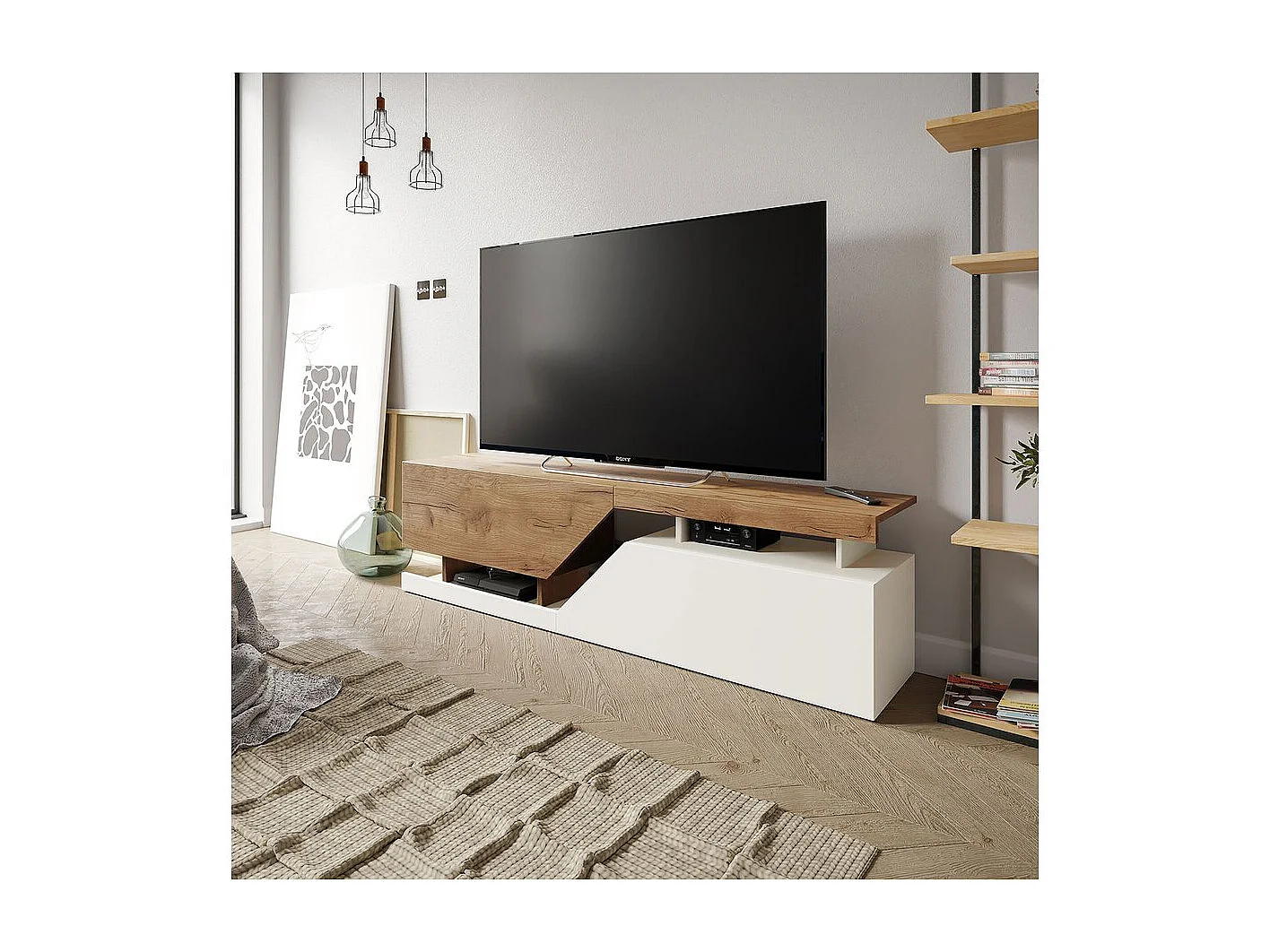 Meuble TV "Ceelias" - 160 x 46 x 35 cm - Blanc/Marron Foncé