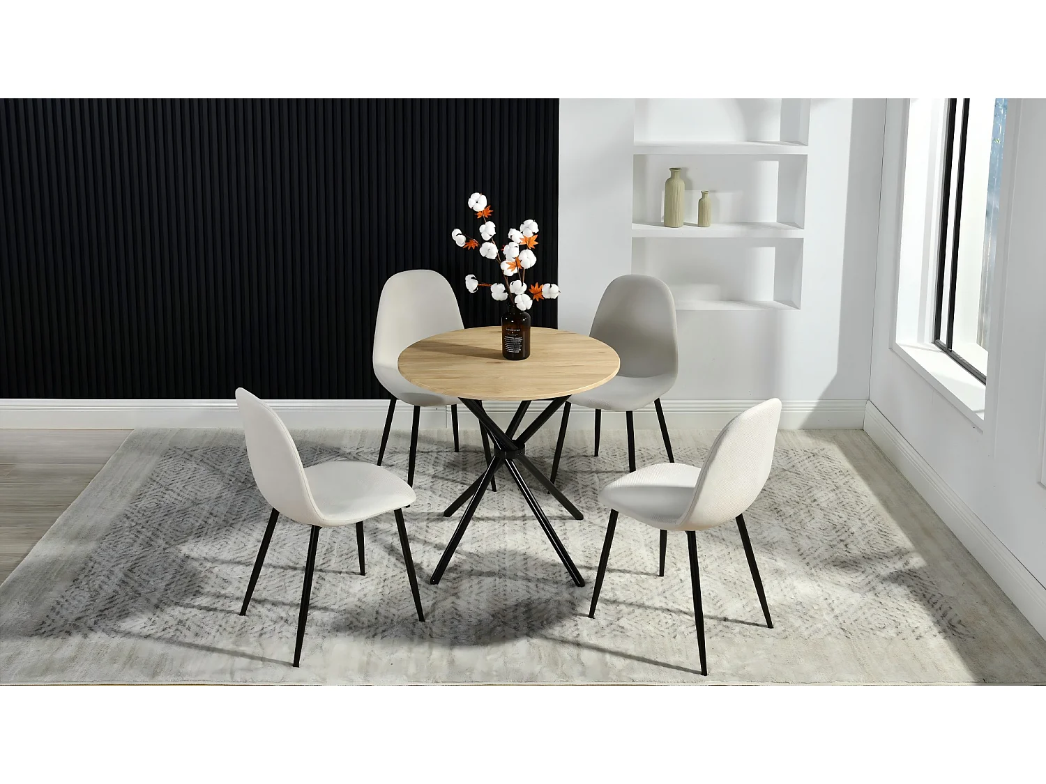 URBAN MEUBLE Ensemble table et 4 chaises de salle à manger effet bois et pieds noirs Fontana KD 80cm Oak+CHARLTON FABRIC BEIGE BLACK LEG