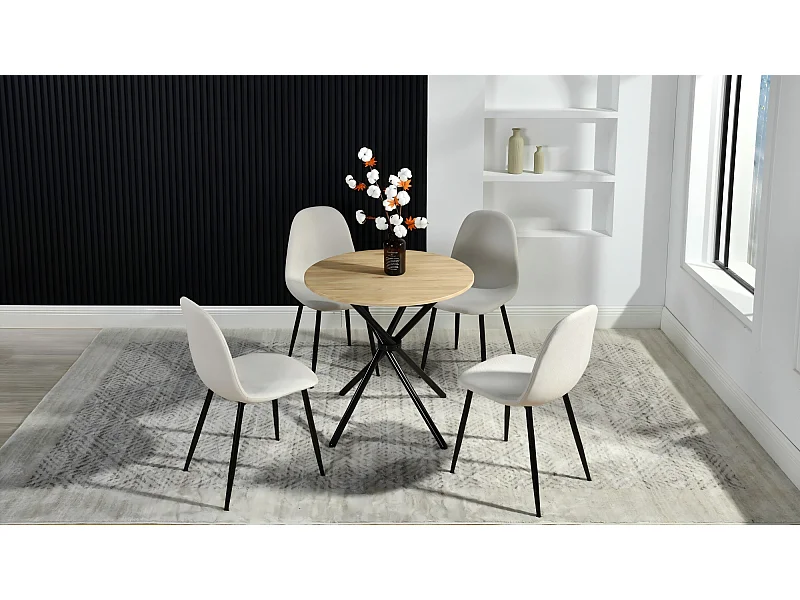 URBAN MEUBLE Ensemble table et 4 chaises de salle à manger effet bois et pieds noirs Fontana KD 80cm Oak+CHARLTON FABRIC BEIGE BLACK LEG