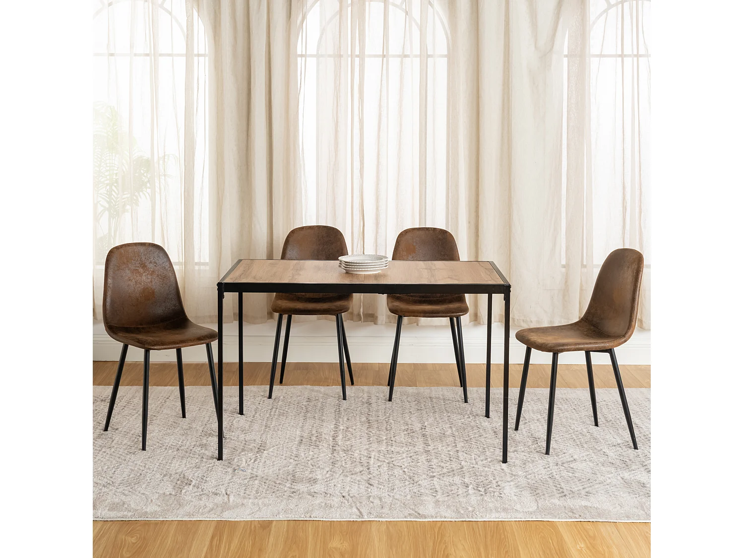 URBAN MEUBLE Ensemble repas style industriel 1 table et 4 chaises en métal noir et suédine marron