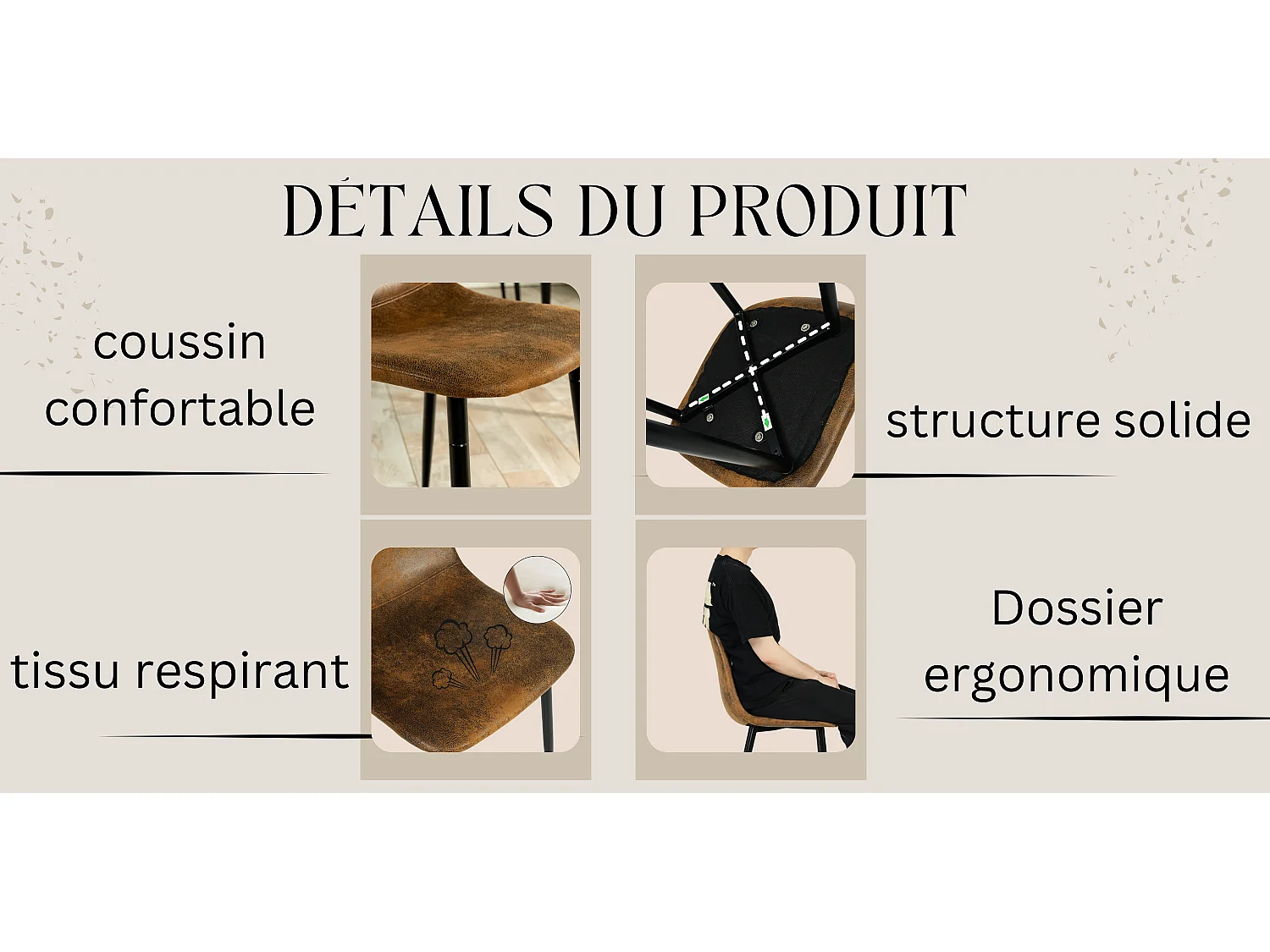 URBAN MEUBLE Ensemble repas style industriel 1 table et 4 chaises en métal noir et suédine marron