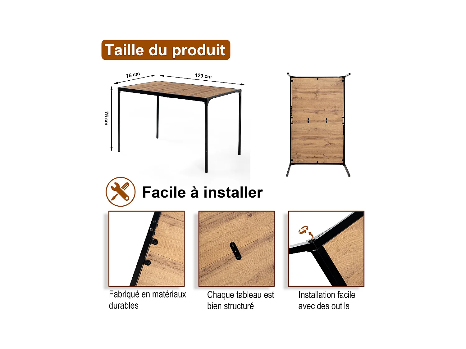 URBAN MEUBLE Ensemble repas style industriel 1 table et 4 chaises en métal noir et suédine marron