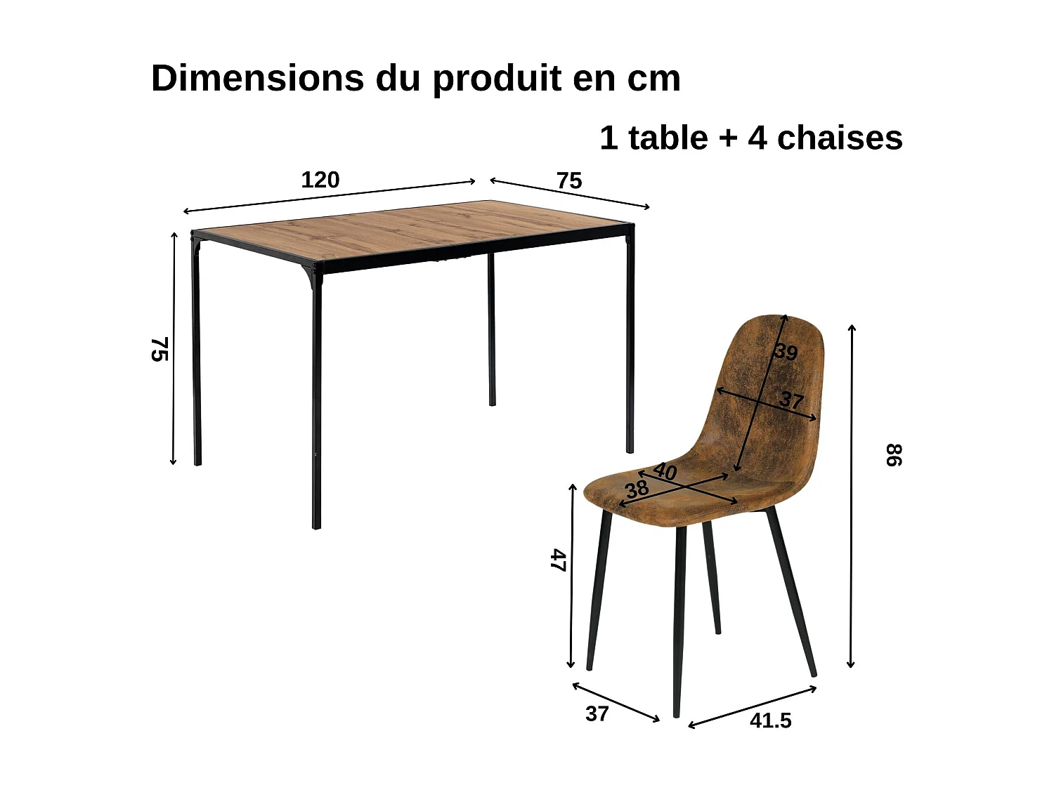 URBAN MEUBLE Ensemble repas style industriel 1 table et 4 chaises en métal noir et suédine marron