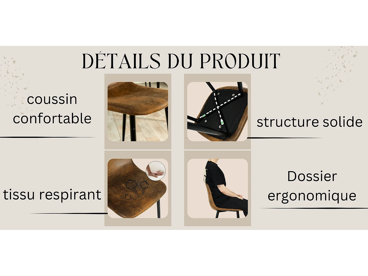 URBAN MEUBLE Ensemble repas style industriel 1 table et 4 chaises en métal noir et suédine marron