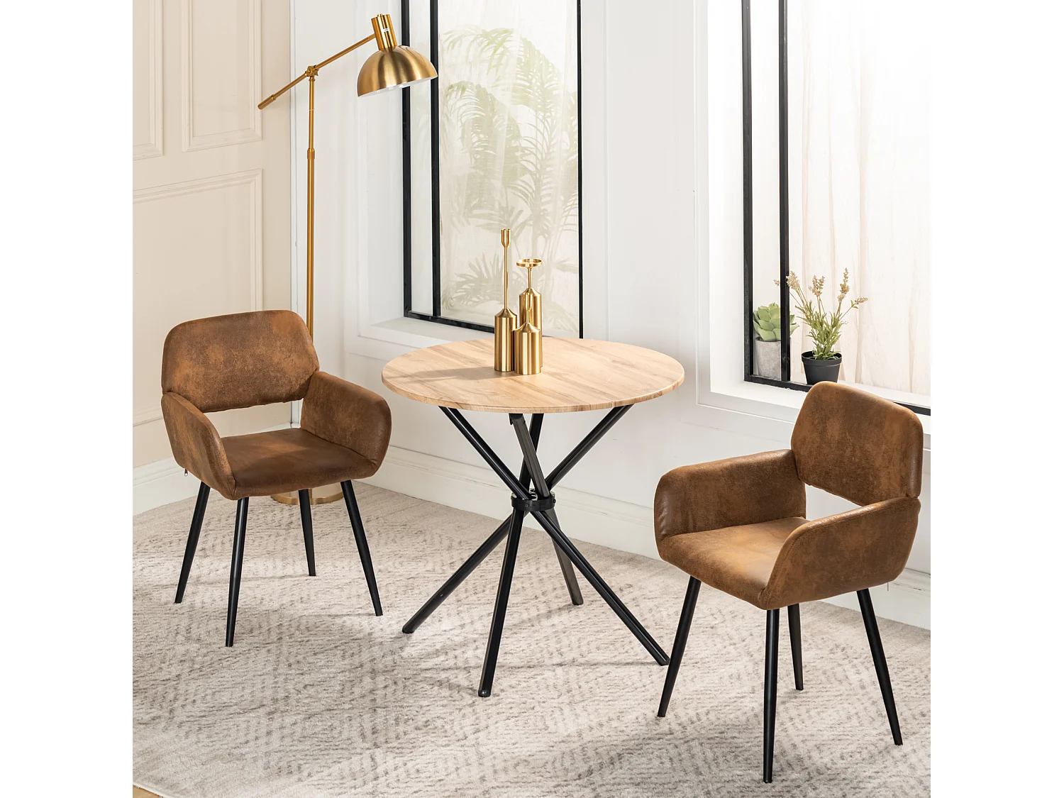 URBAN MEUBLE Ensemble table et 2 chaises de salle à manger effet bois style industriel FONTANA KD 80CM DARK+MAYFAIR SUEDE BROWN
