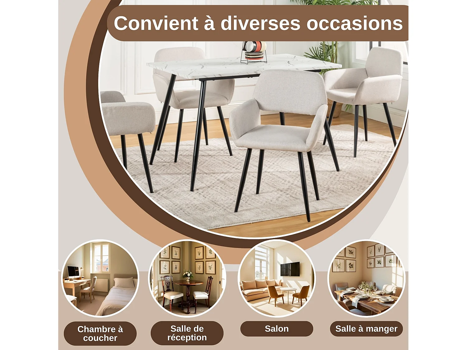 URBAN MEUBLE Lot de 2 chaises de salle à manger scandinaves tissu beige pieds noirs