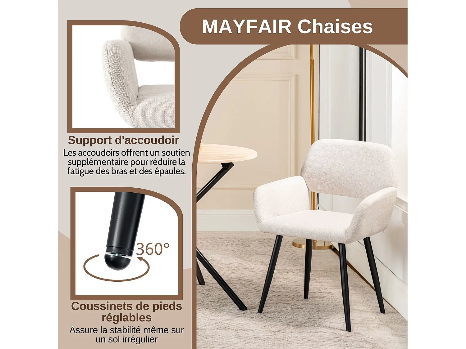 URBAN MEUBLE Lot de 2 chaises de salle à manger scandinaves tissu beige pieds noirs