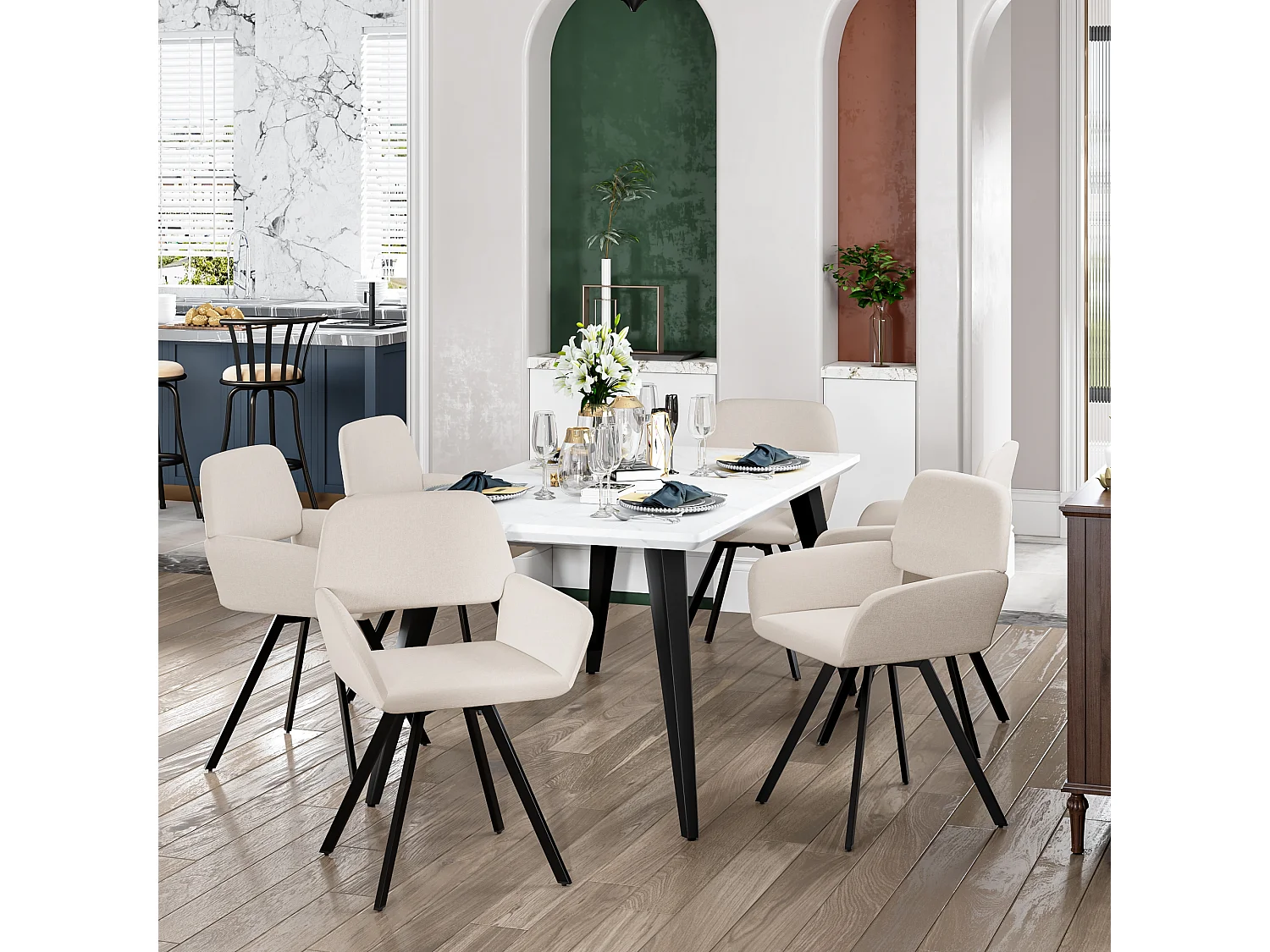 URBAN MEUBLE Lot de 2 chaises de salle à manger scandinaves tissu beige pieds noirs