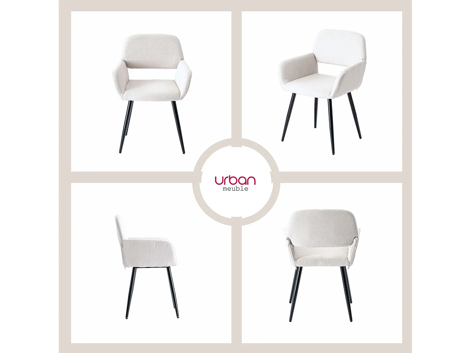 URBAN MEUBLE Lot de 2 chaises de salle à manger scandinaves tissu beige pieds noirs