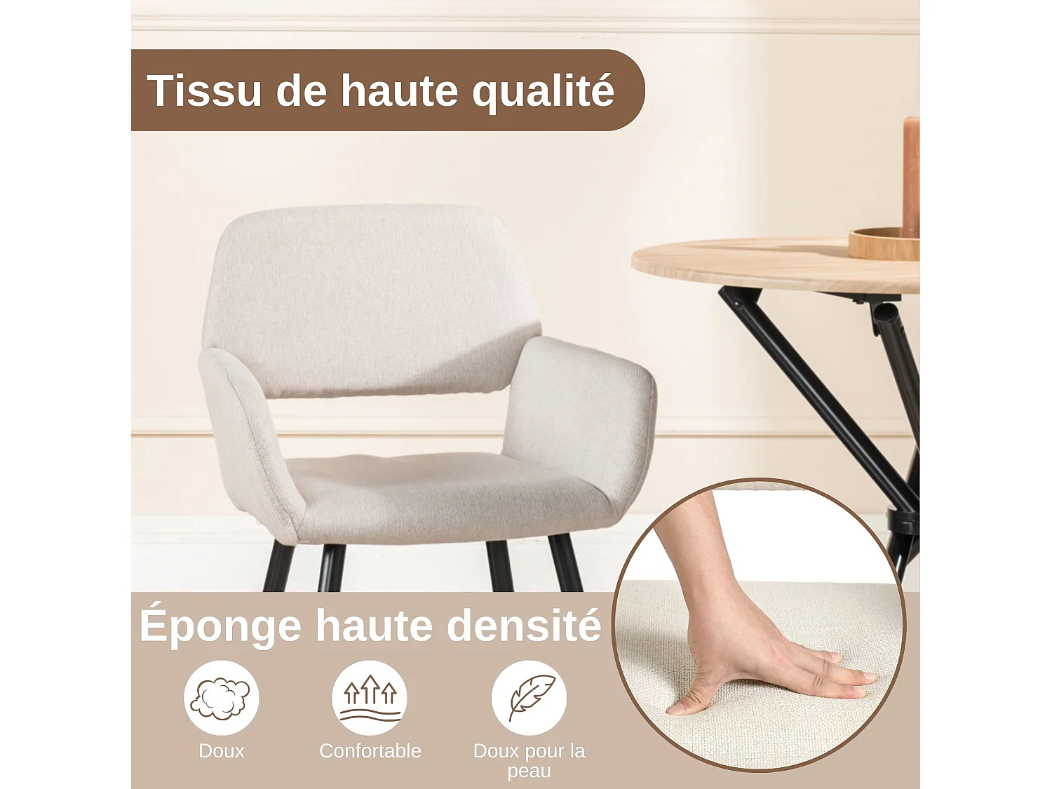 URBAN MEUBLE Lot de 2 chaises de salle à manger scandinaves tissu beige pieds noirs