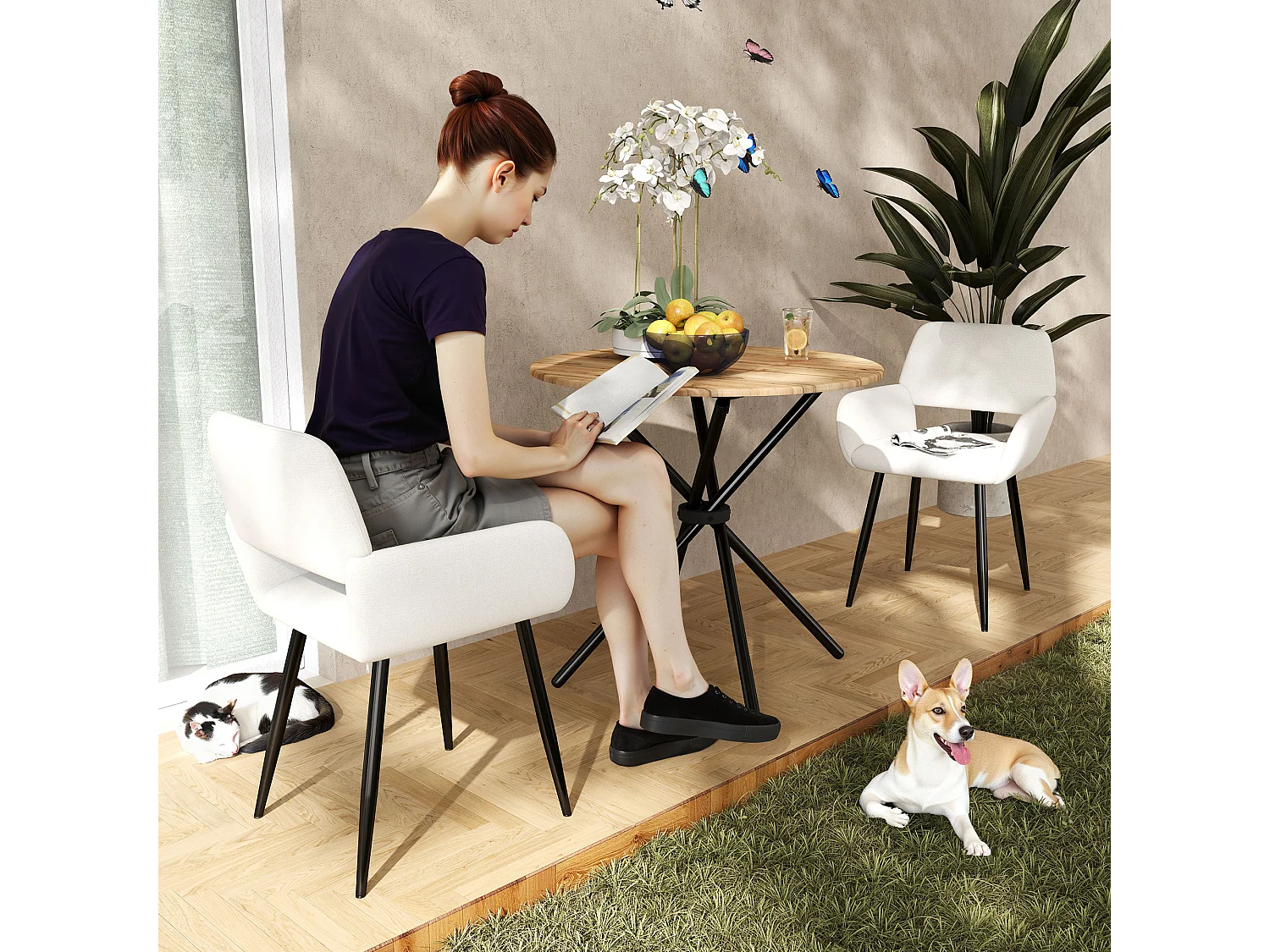 URBAN MEUBLE Lot de 2 chaises de salle à manger scandinaves tissu beige pieds noirs