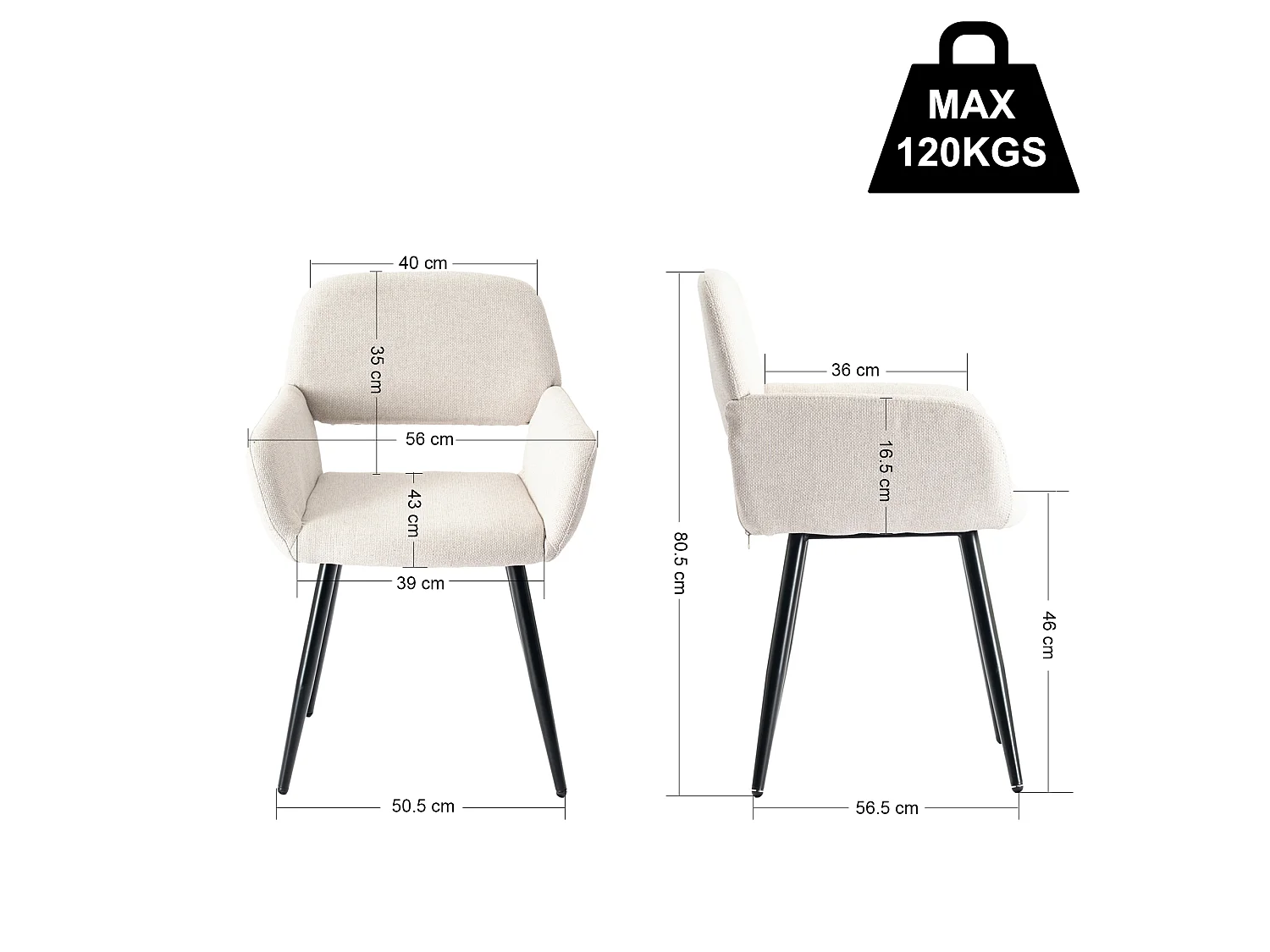 URBAN MEUBLE Lot de 2 chaises de salle à manger scandinaves tissu beige pieds noirs