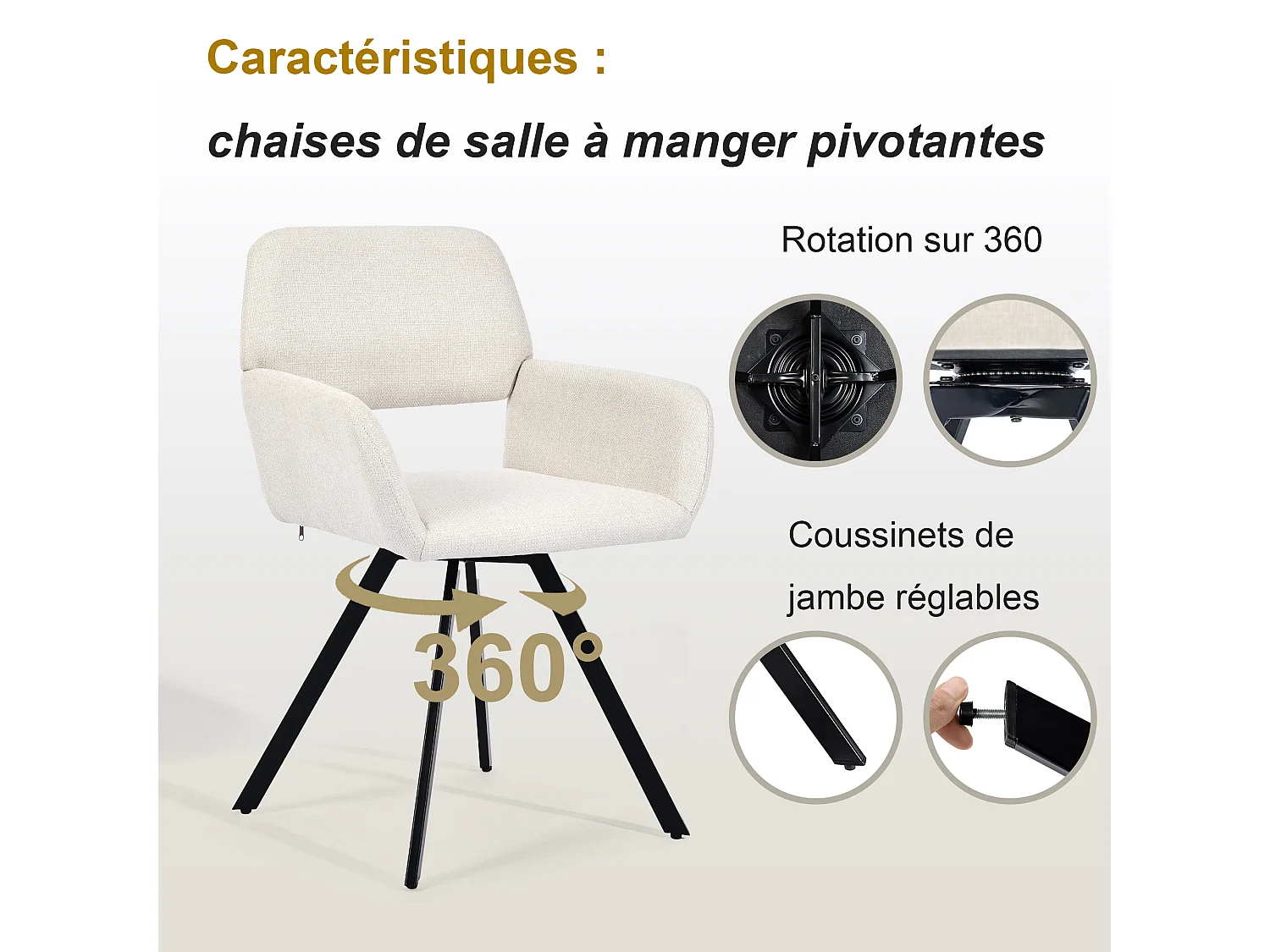 URBAN MEUBLE Lot de 2 chaises de salle à manger scandinaves rotative tissu beige