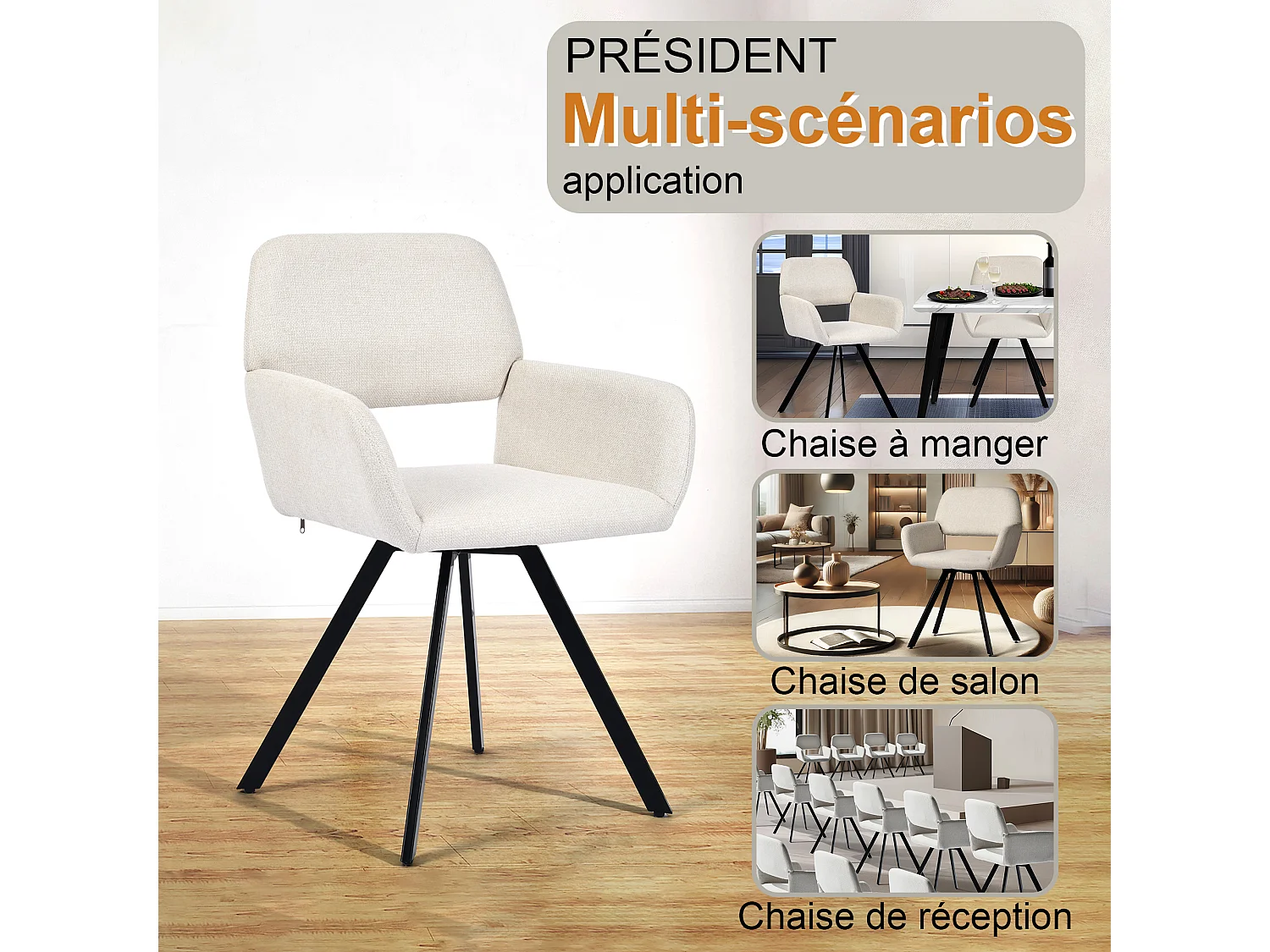 URBAN MEUBLE Lot de 2 chaises de salle à manger scandinaves rotative tissu beige