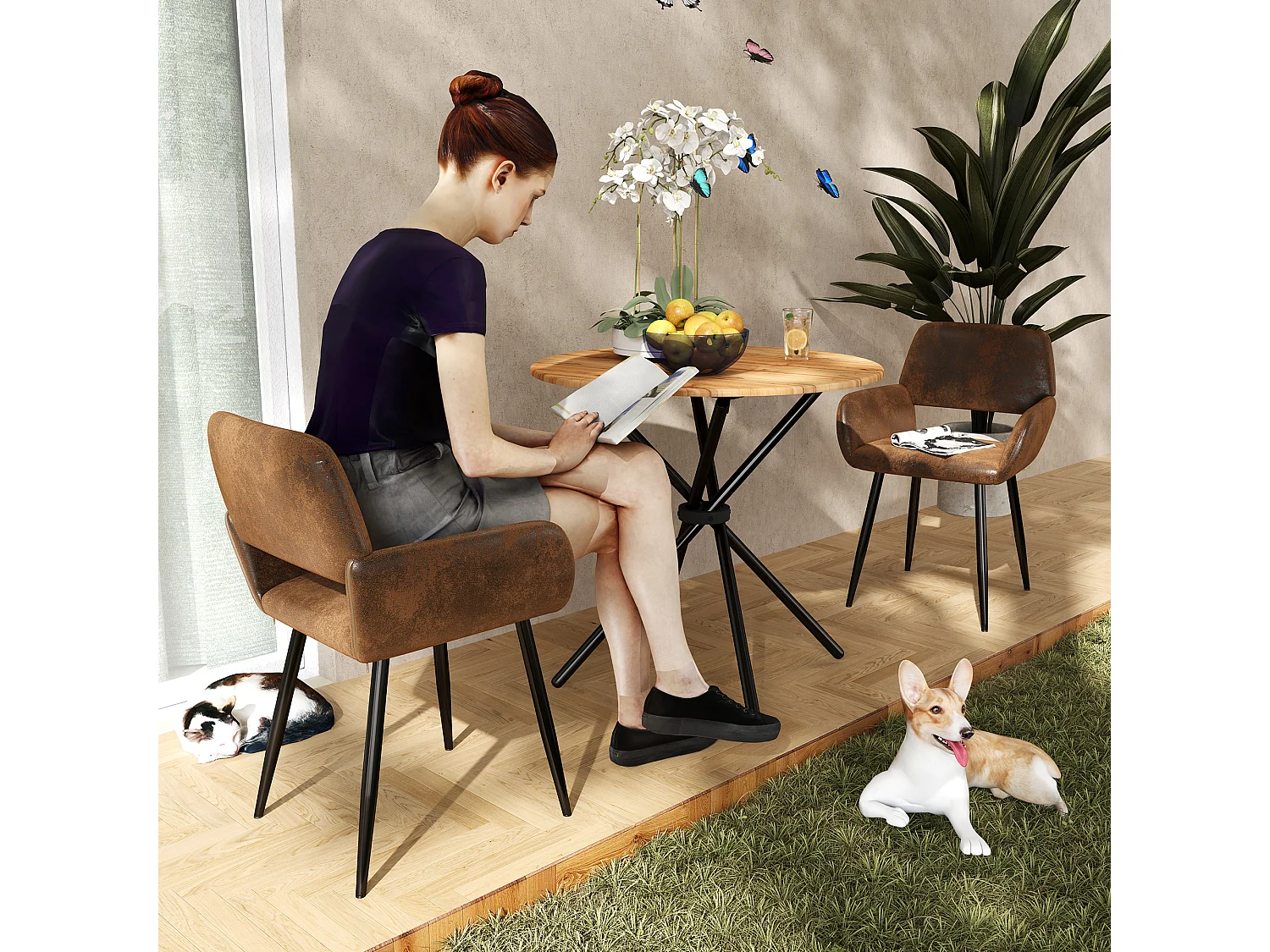 URBAN MEUBLE Lot de 2 chaises de salle à manger style industriel tissu marron rétro pieds noirs MAYFAIR SUEDE BROWN