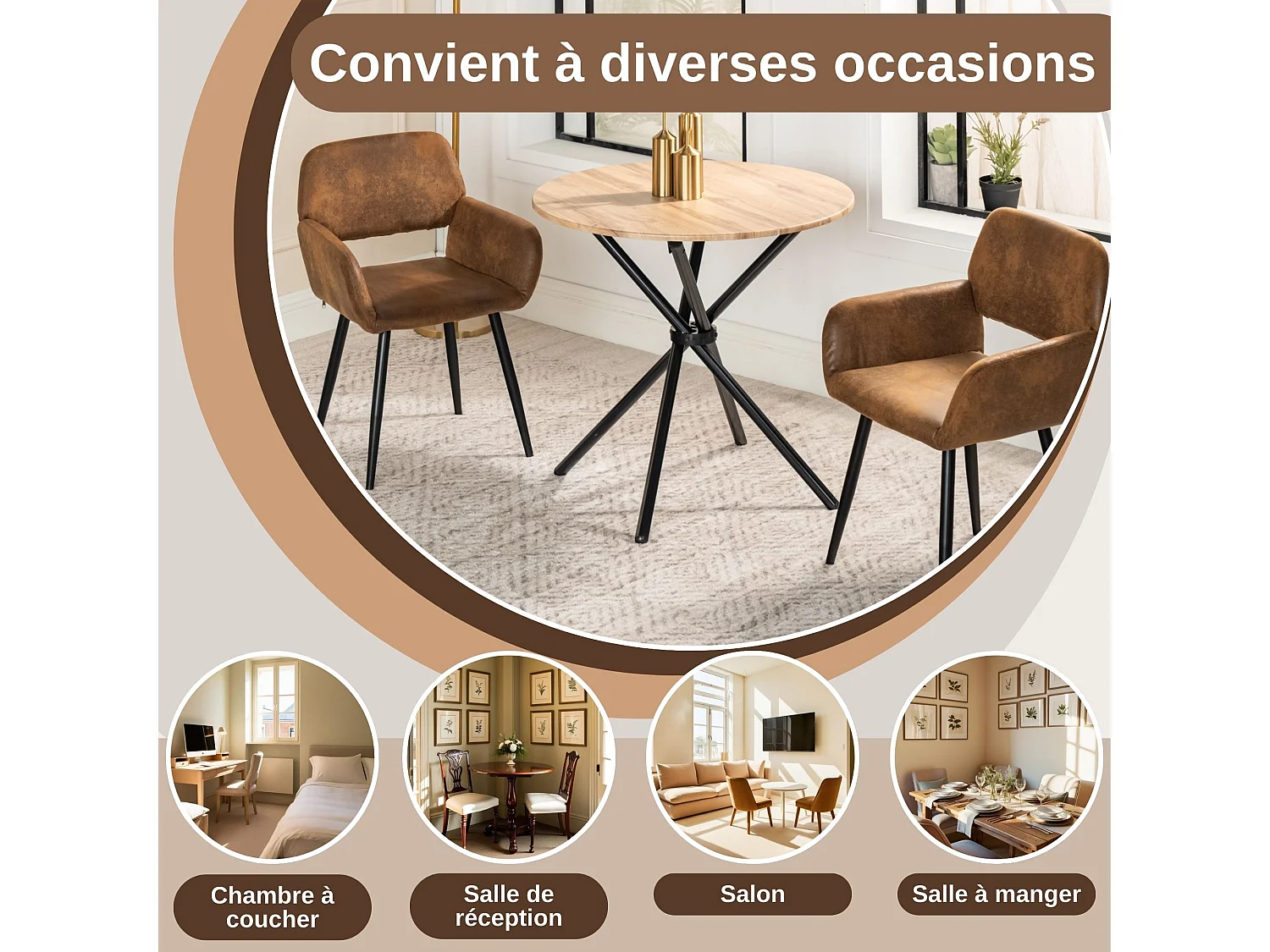 URBAN MEUBLE Lot de 2 chaises de salle à manger style industriel tissu marron rétro pieds noirs MAYFAIR SUEDE BROWN