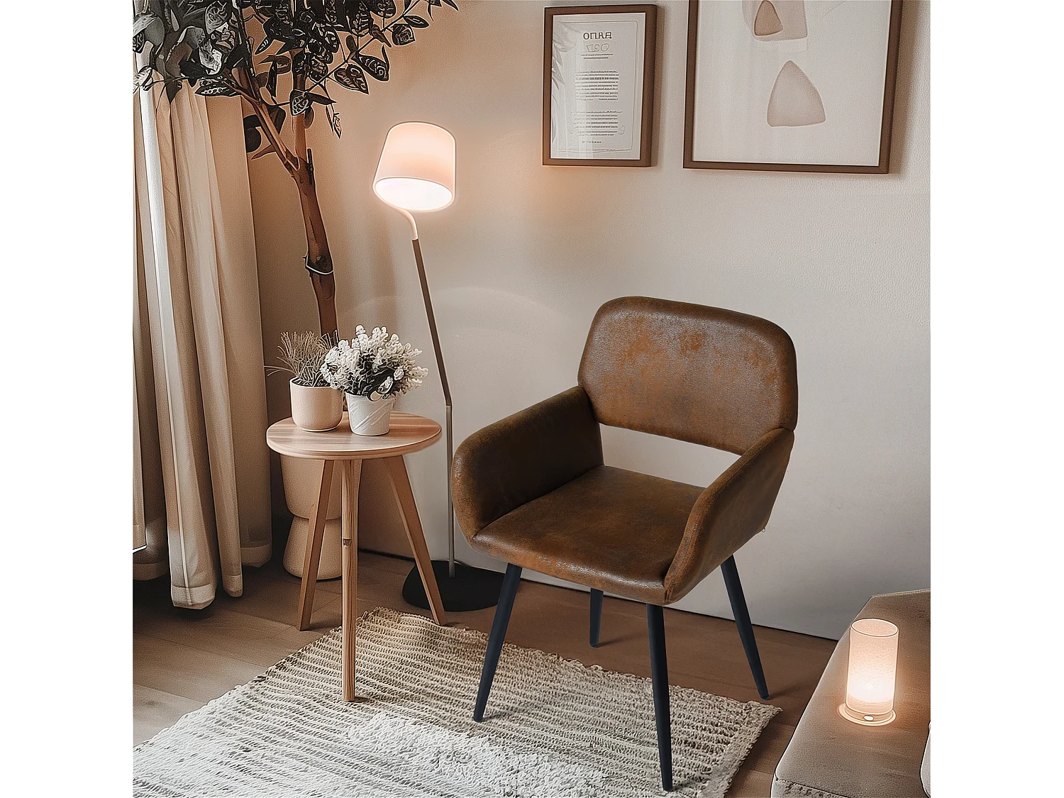 URBAN MEUBLE Lot de 2 chaises de salle à manger style industriel tissu marron rétro pieds noirs MAYFAIR SUEDE BROWN