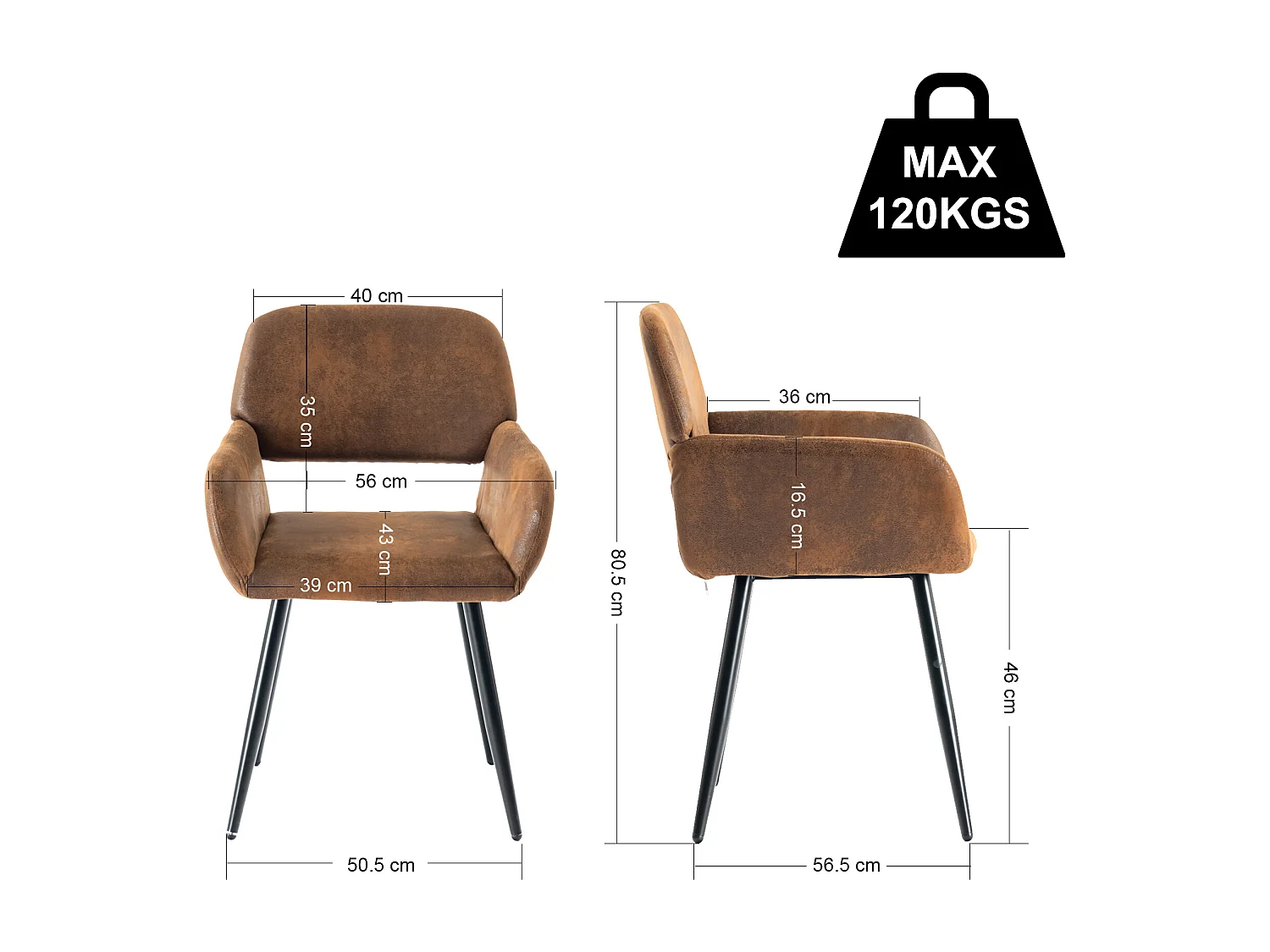 URBAN MEUBLE Lot de 2 chaises de salle à manger style industriel tissu marron rétro pieds noirs MAYFAIR SUEDE BROWN