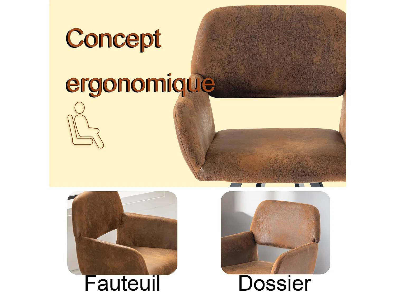 URBAN MEUBLE Lot de 2 chaises de salle à manger vintage rotative tissu suède marron