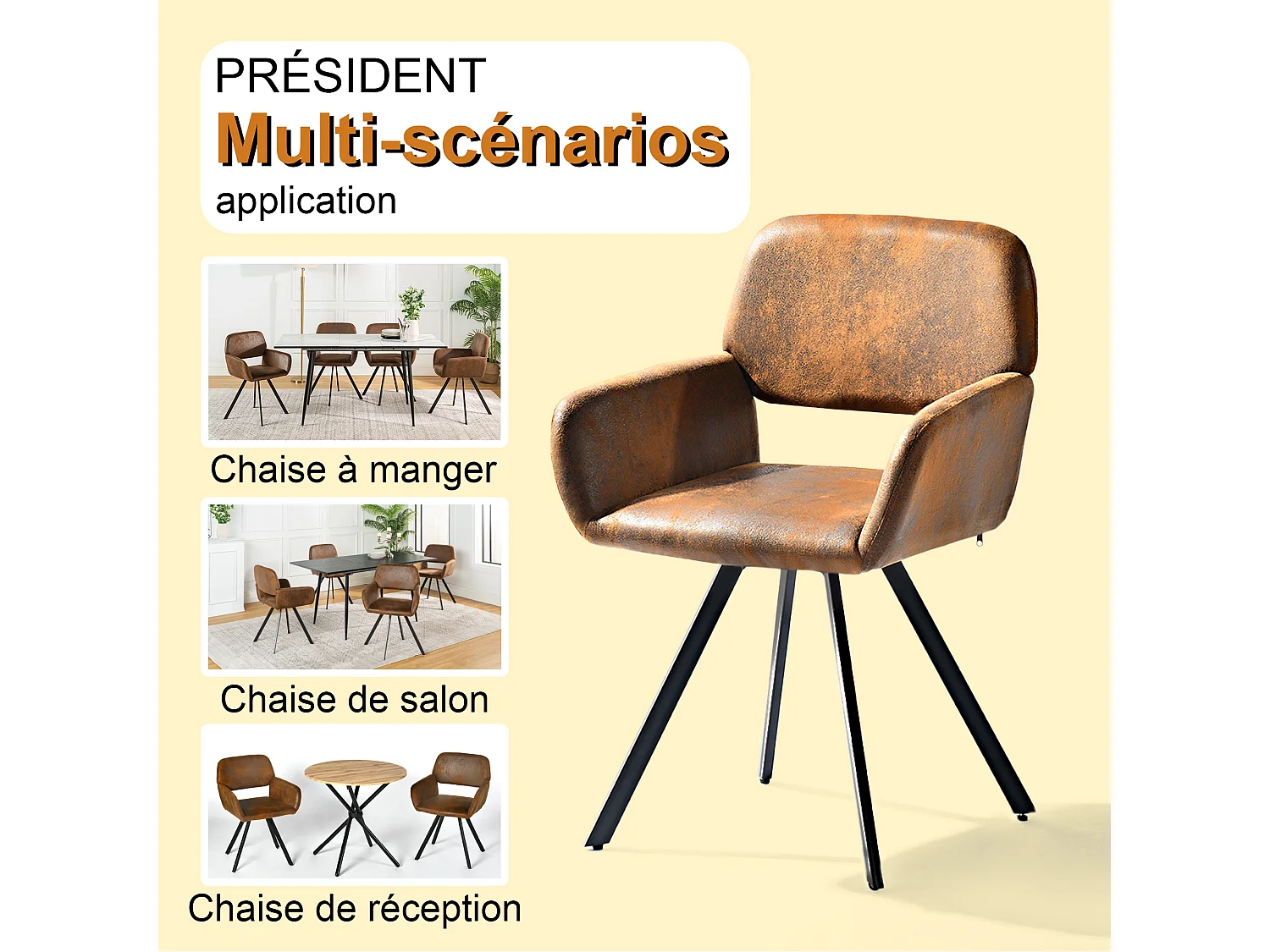 URBAN MEUBLE Lot de 2 chaises de salle à manger vintage rotative tissu suède marron