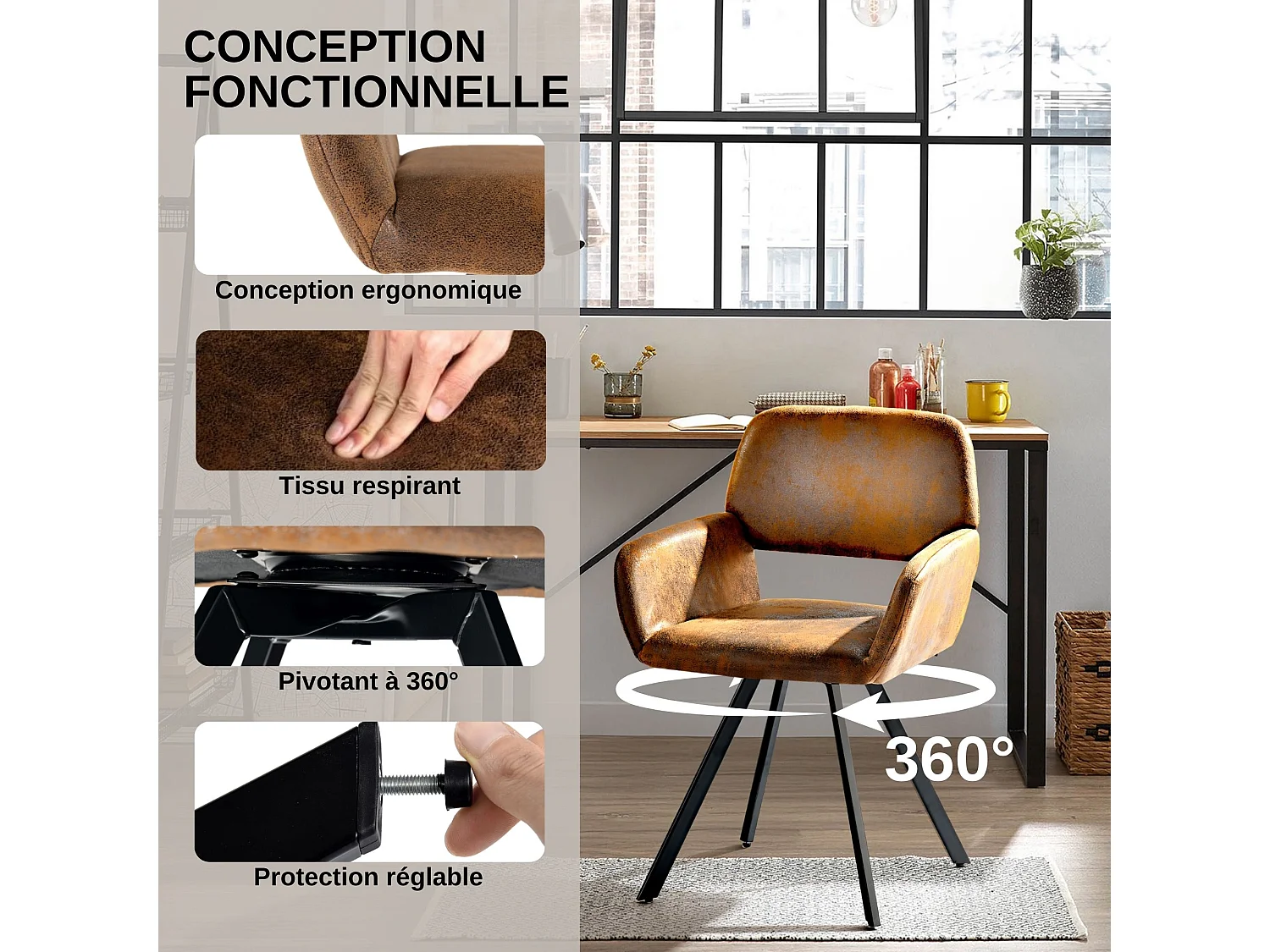 URBAN MEUBLE Lot de 2 chaises de salle à manger vintage rotative tissu suède marron