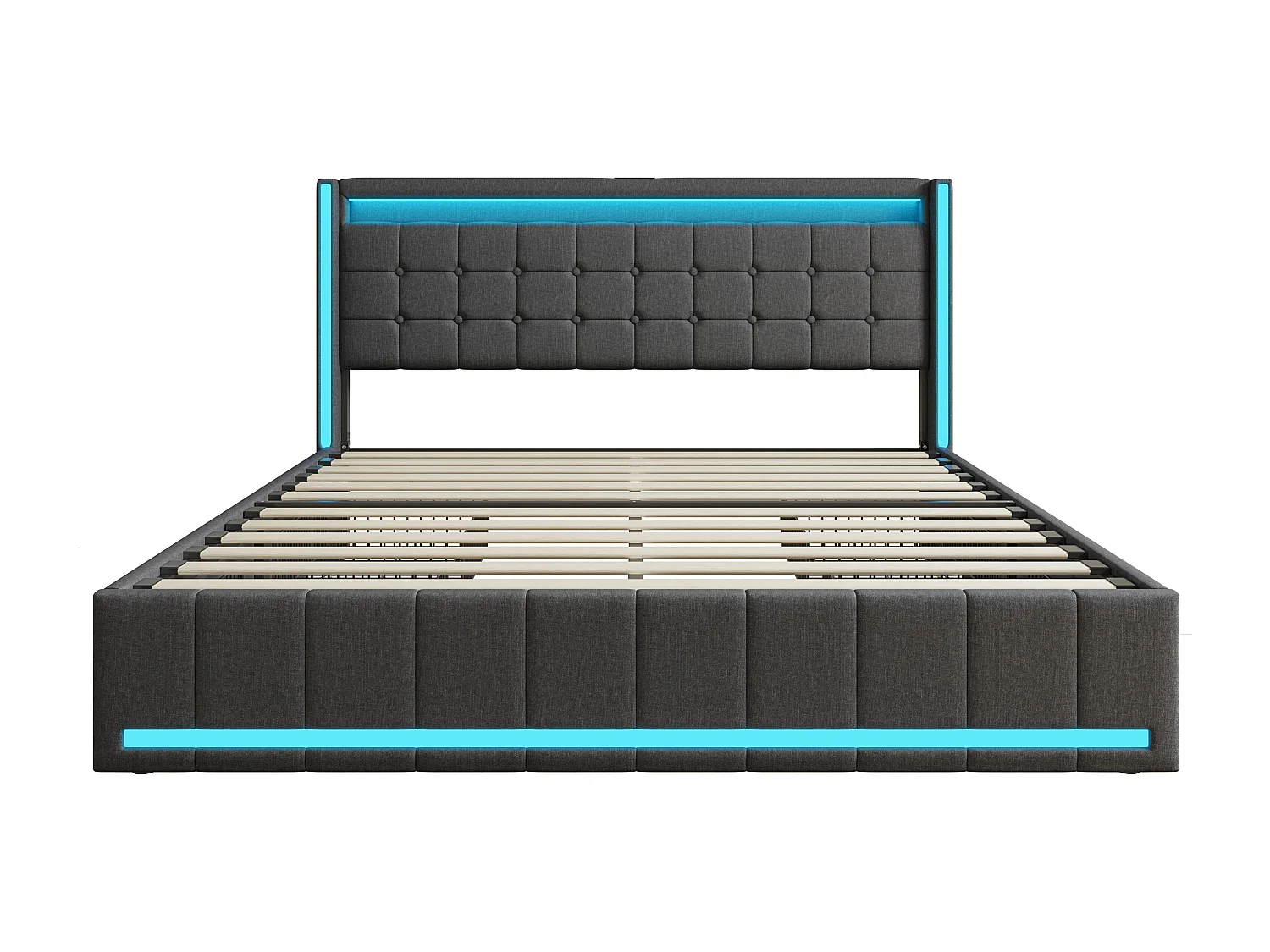 Letto matrimoniale LED 160x200 cm con 6 cassetti, rete a doghe e testiera, porta di ricarica USB/tipo C, senza materasso, tessuto in lino, grigio