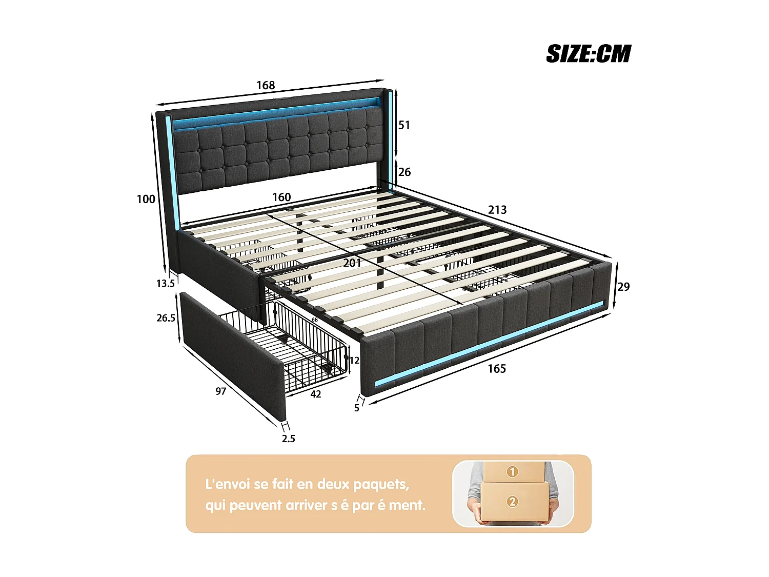 Lit double LED 160x200cm avec 6 tiroirs et sommier à lattes et tête de lit, port de charge USB/Type C, sans matelas, tissu en lin, gris