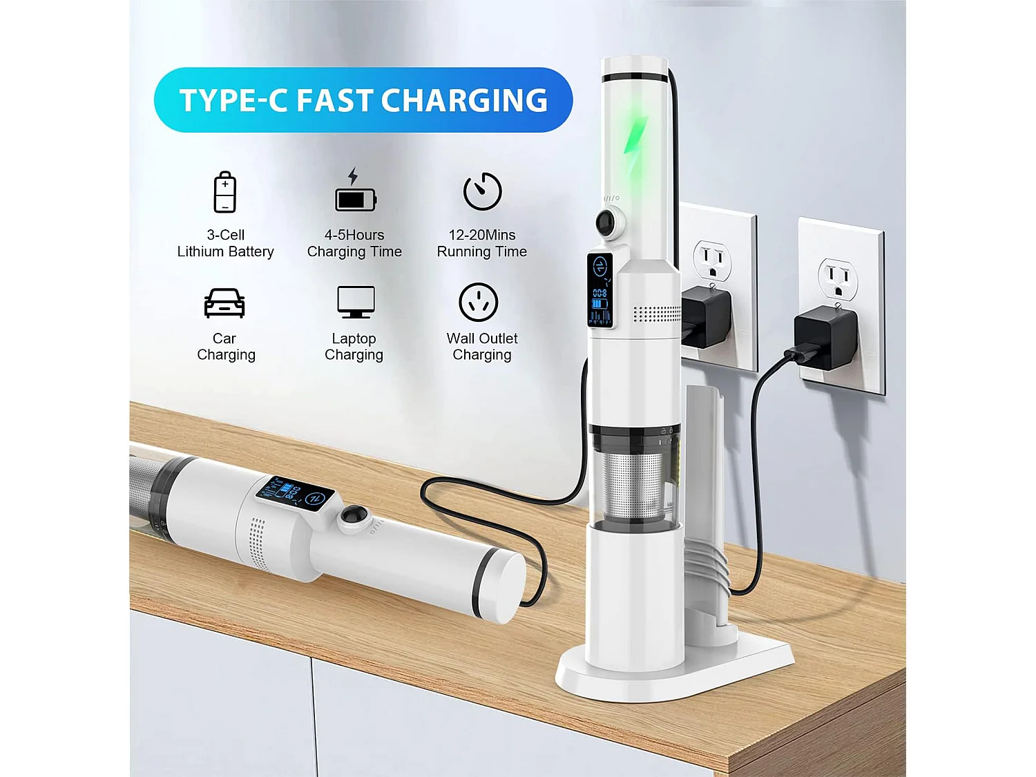 VICSONIC Aspirador de Mano Inalámbrico Recargable 2000mAh 13000pa Portátil - Blanco