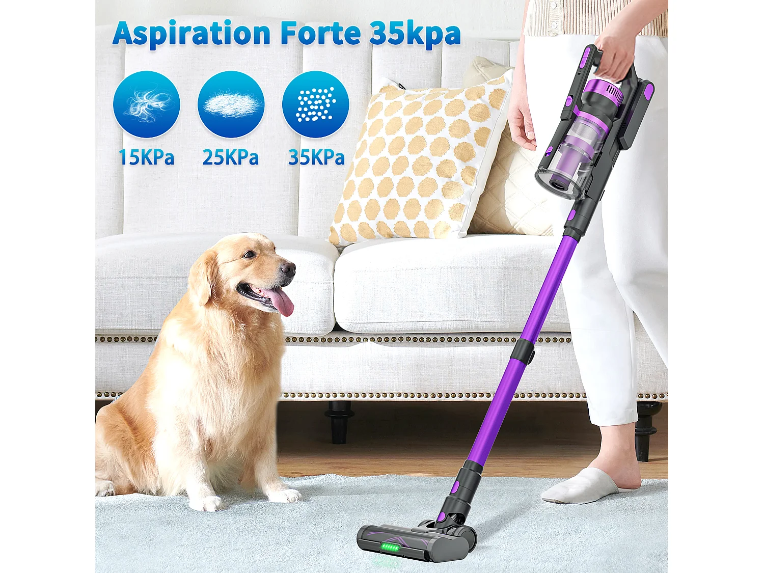 Aspirapolvere Senza Fili 35Kpa/450W, Aspirapolvere Senza Fili, Autonomia 60 Minuti, 1,5 Litri, Batteria Removibile, per Pavimenti e Moquette