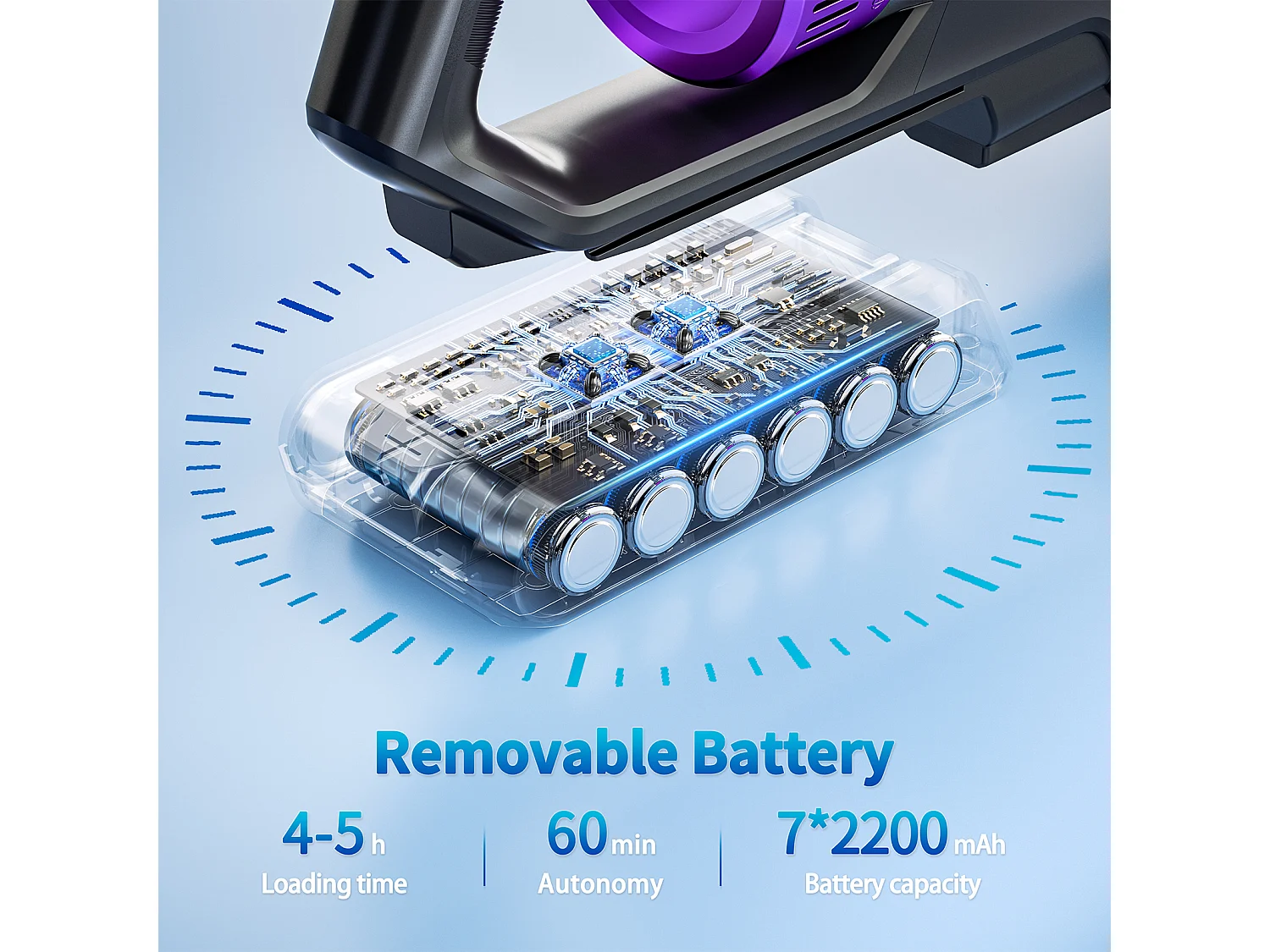 Aspirapolvere Senza Fili 35Kpa/450W, Aspirapolvere Senza Fili, Autonomia 60 Minuti, 1,5 Litri, Batteria Removibile, per Pavimenti e Moquette