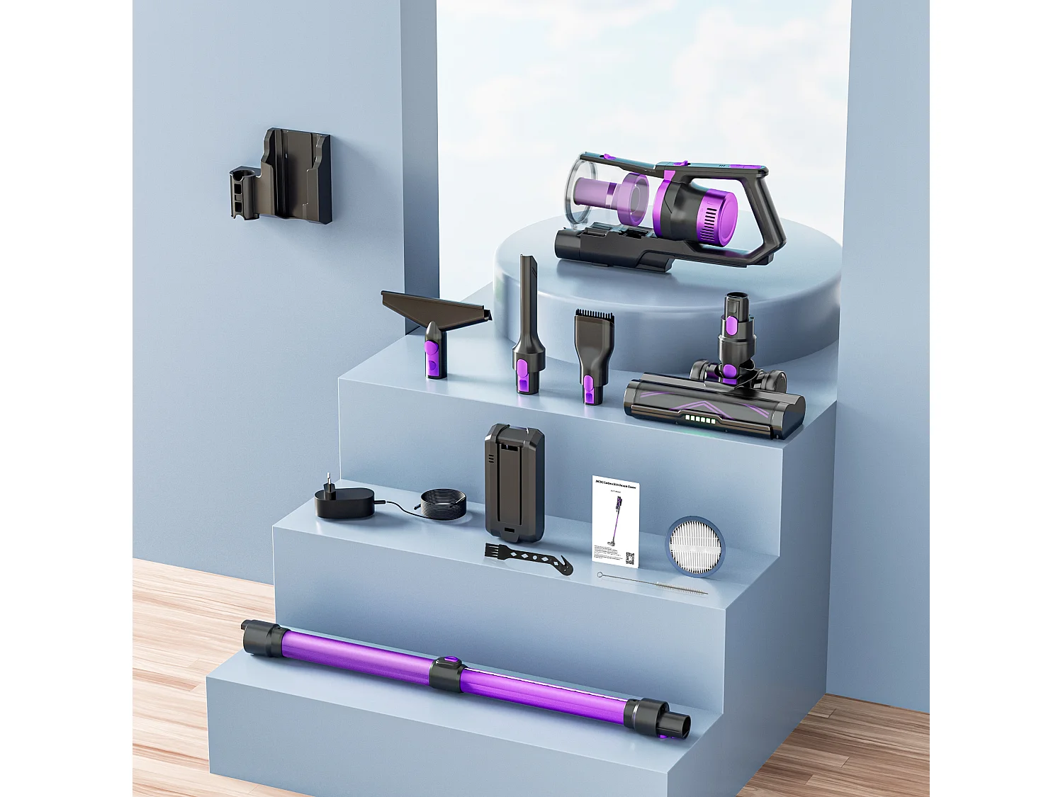 Aspirapolvere Senza Fili 35Kpa/450W, Aspirapolvere Senza Fili, Autonomia 60 Minuti, 1,5 Litri, Batteria Removibile, per Pavimenti e Moquette