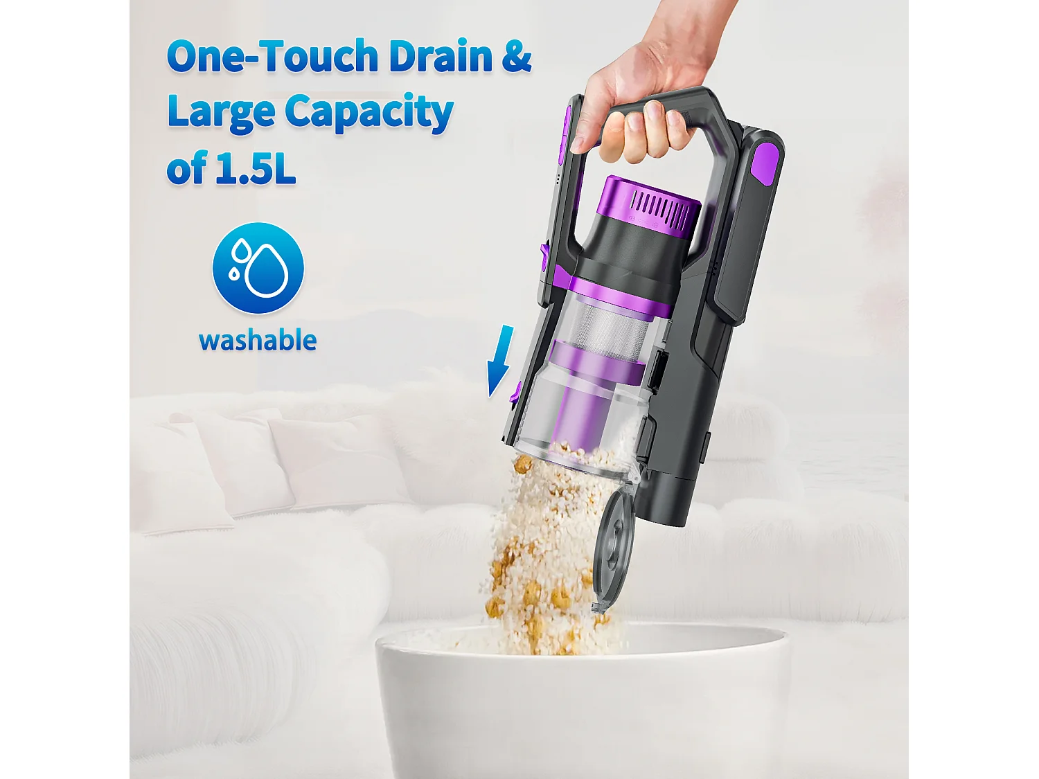 Aspirateur Balai sans Fil 35Kpa/450W,Aspirateur sans Fil,60 Minutes Autonomie, 1,5 Litre,Batterie Amovible, Pour Sols et Tapis